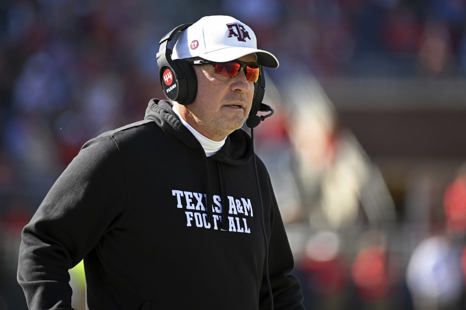 Texas A&M head coach Jimbo Fisher watches on during the first half of an NCAA college football game against Mississippi in Oxford, Miss., Saturday, Nov. 4, 2023. (AP Photo/Thomas Graning)