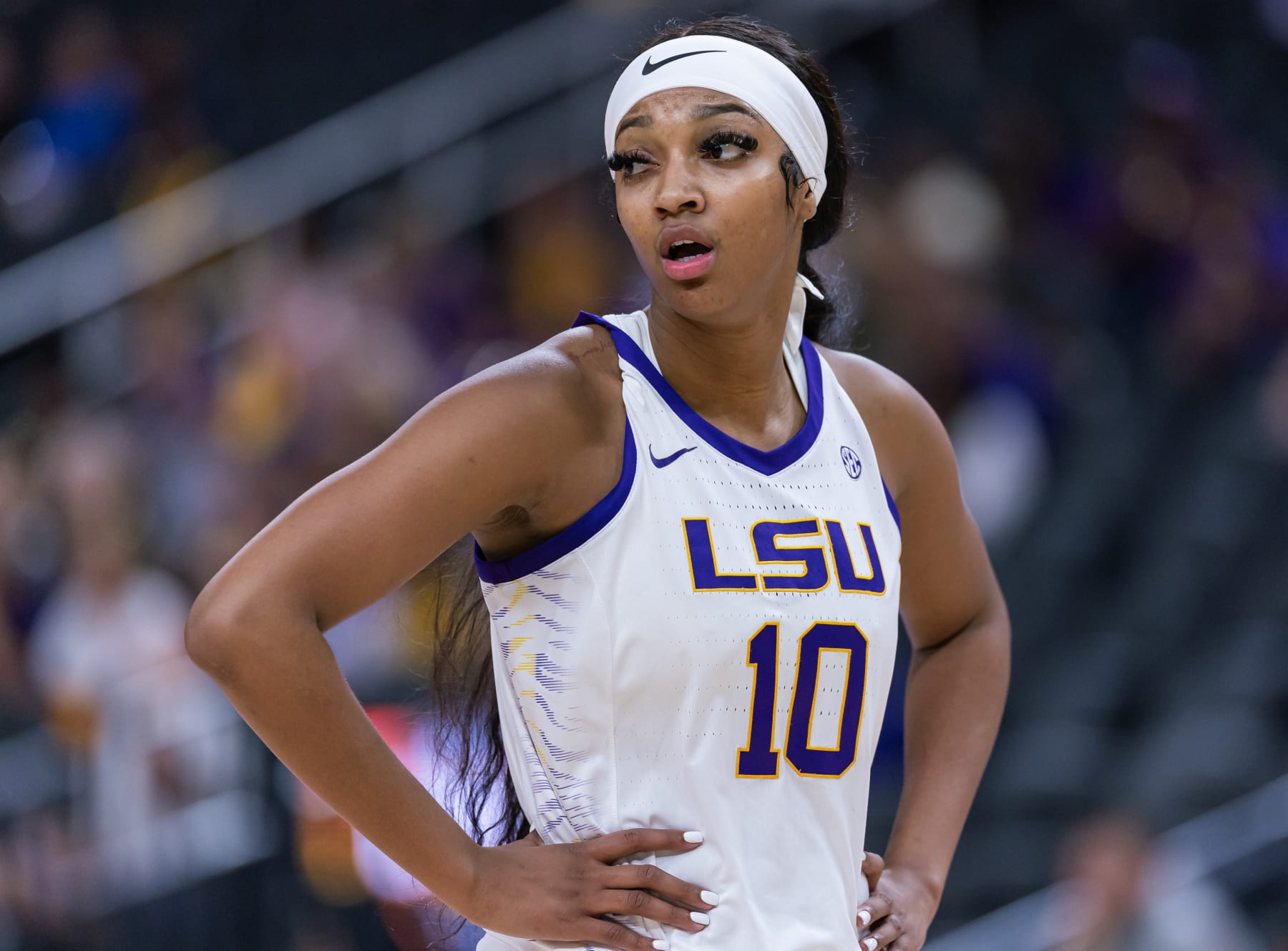 LAS VEGAS, NEVADA - NOVEMBER 6:  Angel Reese #10 of the LSU Lady Tigers is seen during the game against the Colorado Buffaloes in the Naismith Hall of Fame Series at T-Mobile Arena on November 6, 2023 in Las Vegas, Nevada. (Photo by Michael Hickey/Getty Images)