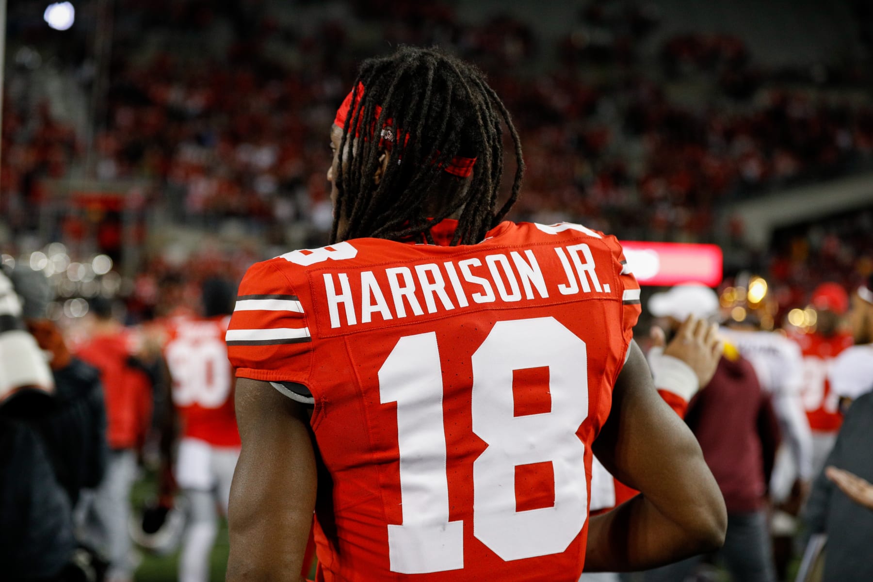 COLUMBUS, OH - NOVEMBER 18: Ohio State Buckeyes wide receiver Marvin Harrison Jr. (18) walks off the field after the game against the Minnesota Golden Gophers and the Ohio State Buckeyes on November 18, 2023, at Ohio Stadium in Columbus, OH. (Photo by Ian Johnson/Icon Sportswire via Getty Images)