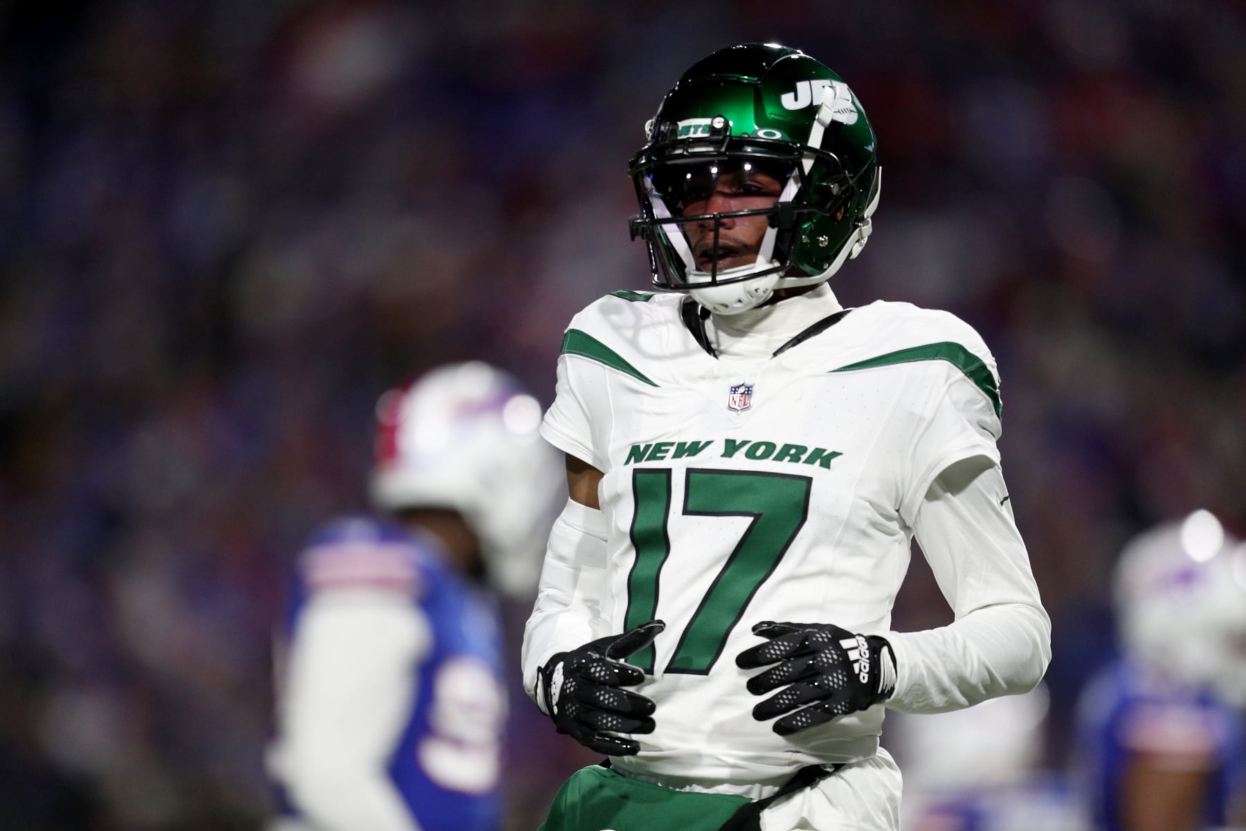 ORCHARD PARK, NEW YORK - NOVEMBER 19: Garrett Wilson #17 of the New York Jets looks on during the second quarter against the Buffalo Bills at Highmark Stadium on November 19, 2023 in Orchard Park, New York. (Photo by Bryan Bennett/Getty Images)