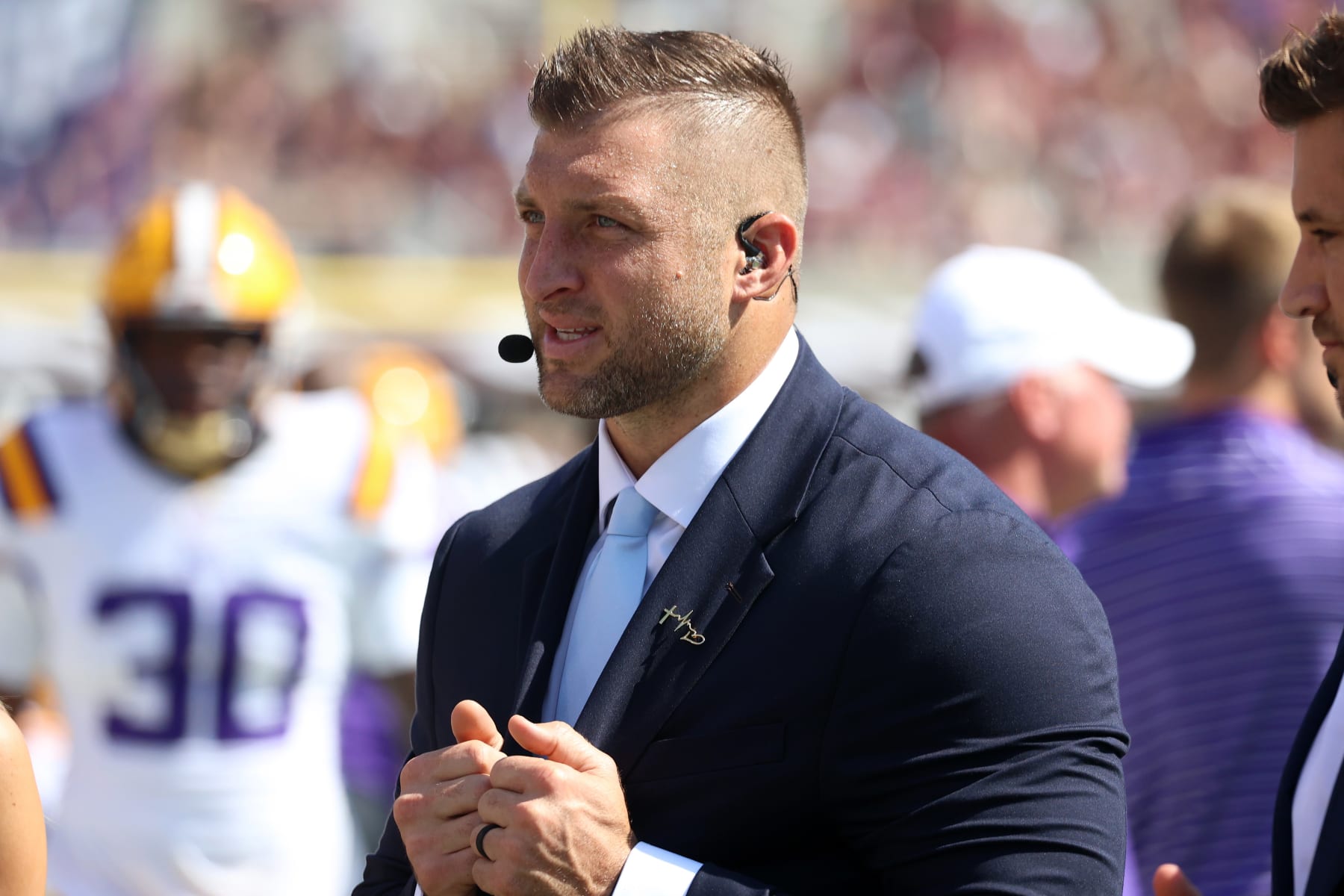 STARKVILLE, MS - SEPTEMBER 16: SEC Network host Tim Tebow during the game between the Mississippi State Bulldogs and the LSU Tigers on September 16, 2023 at Davis Wade Stadium in Starkville, Mississippi.  (Photo by Michael Wade/Icon Sportswire via Getty Images)