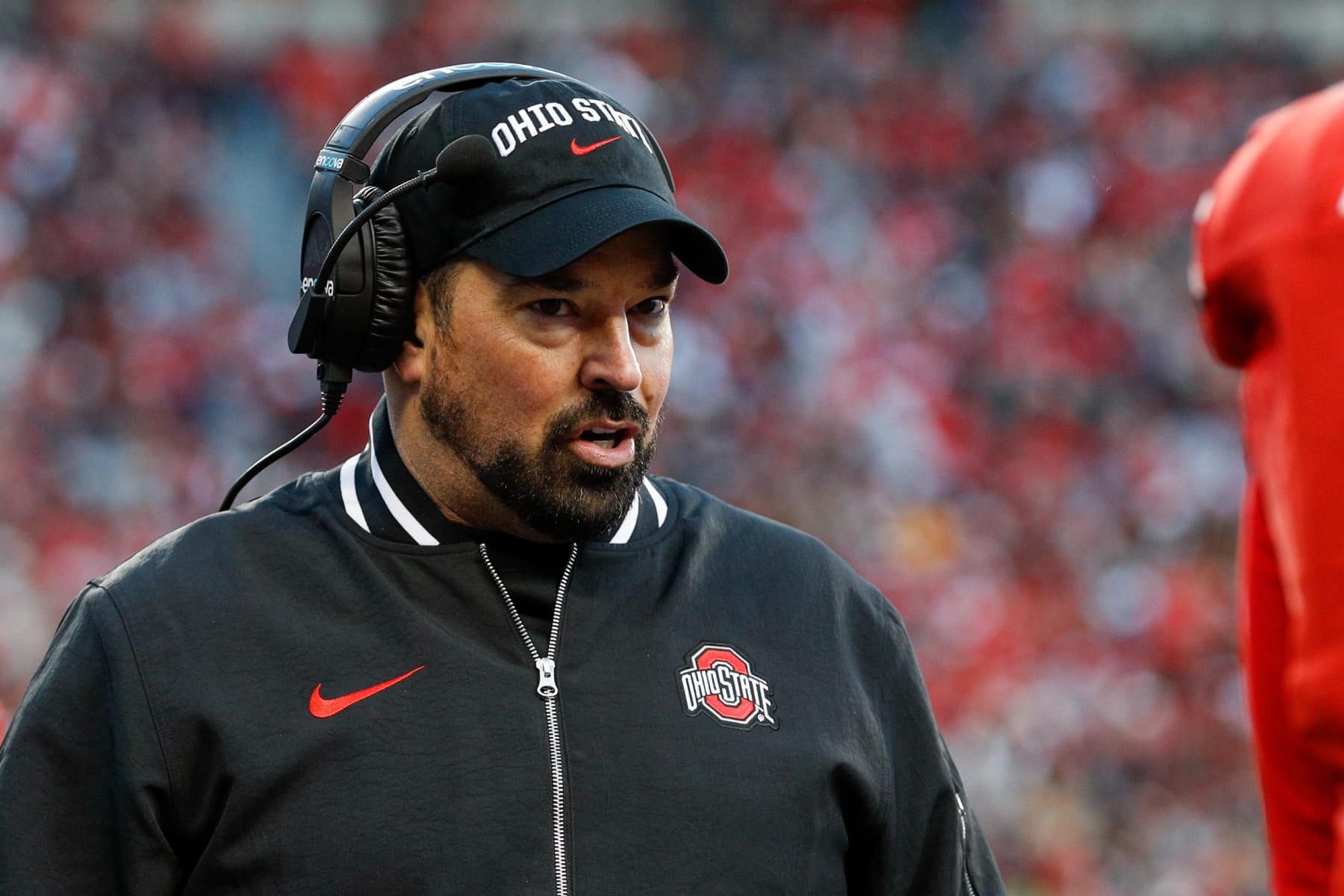 COLUMBUS, OH - NOVEMBER 18: Ohio State Buckeyes head coach Ryan Day talks to quarterback Kyle McCord (6) on the sideline during the game against the Minnesota Gophers and the Ohio State Buckeyes on November 18, 2023, at Ohio Stadium in Columbus, OH. (Photo by Ian Johnson/Icon Sportswire via Getty Images)