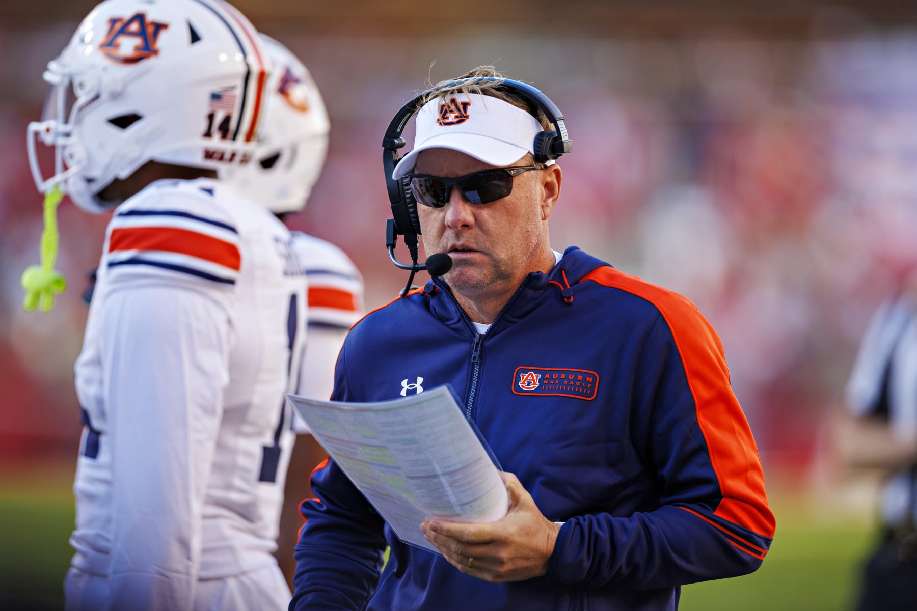 FAYETTEVILLE, ARKANSAS - NOVEMBER 11: Head Coach Hugh Freeze of the Auburn Tigers on the sidelines in the first half during the game against the Arkansas Razorback at Donald W. Reynolds Razorback Stadium on November 11, 2023 in Fayetteville, Arkansas. (Photo by Wesley Hitt/Getty Images)