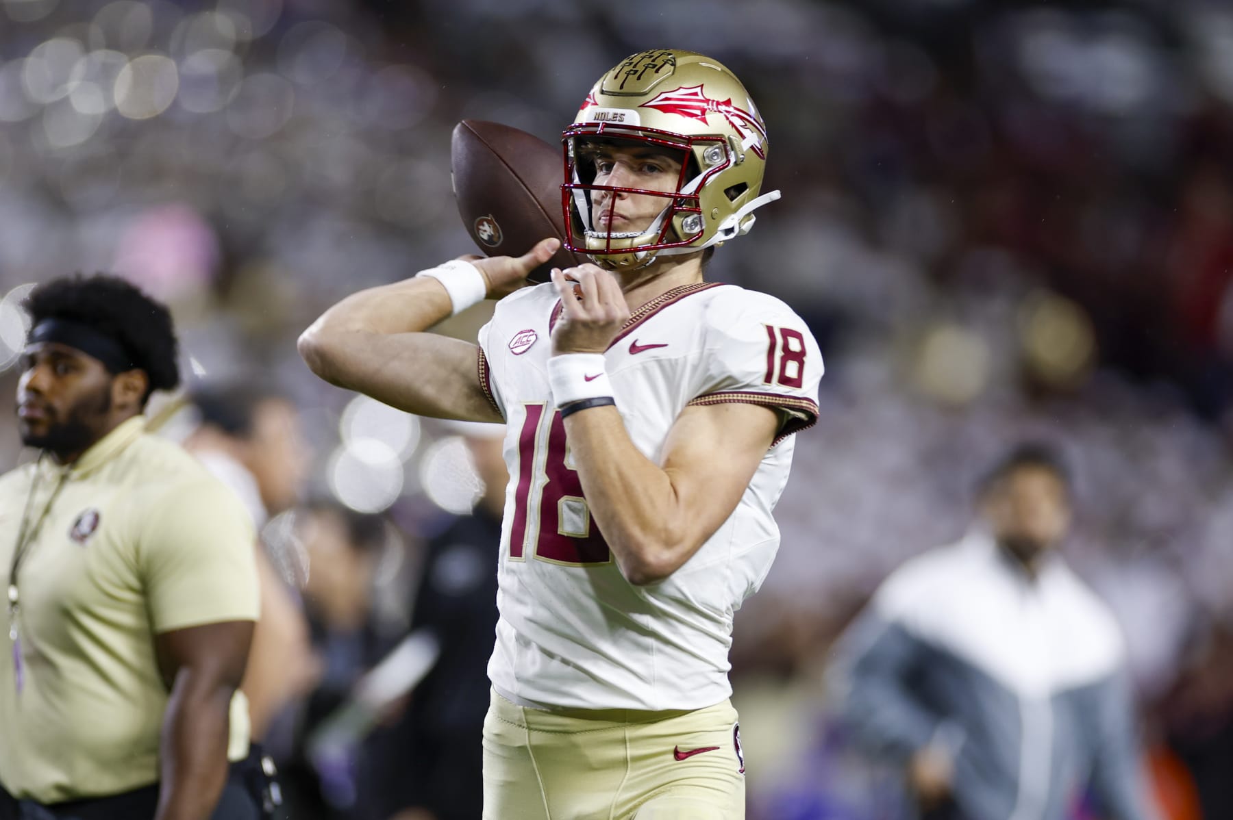 GAINESVILLE, FL - NOVEMBER 25: Florida State Seminoles quarterback Tate Rodemaker (18) warms up before the game between the Florida Gators and the Florida State Seminoles on November 25, 2023 at Ben Hill Griffin Stadium at Florida Field in Gainesville, Fl. (Photo by David Rosenblum/Icon Sportswire via Getty Images)