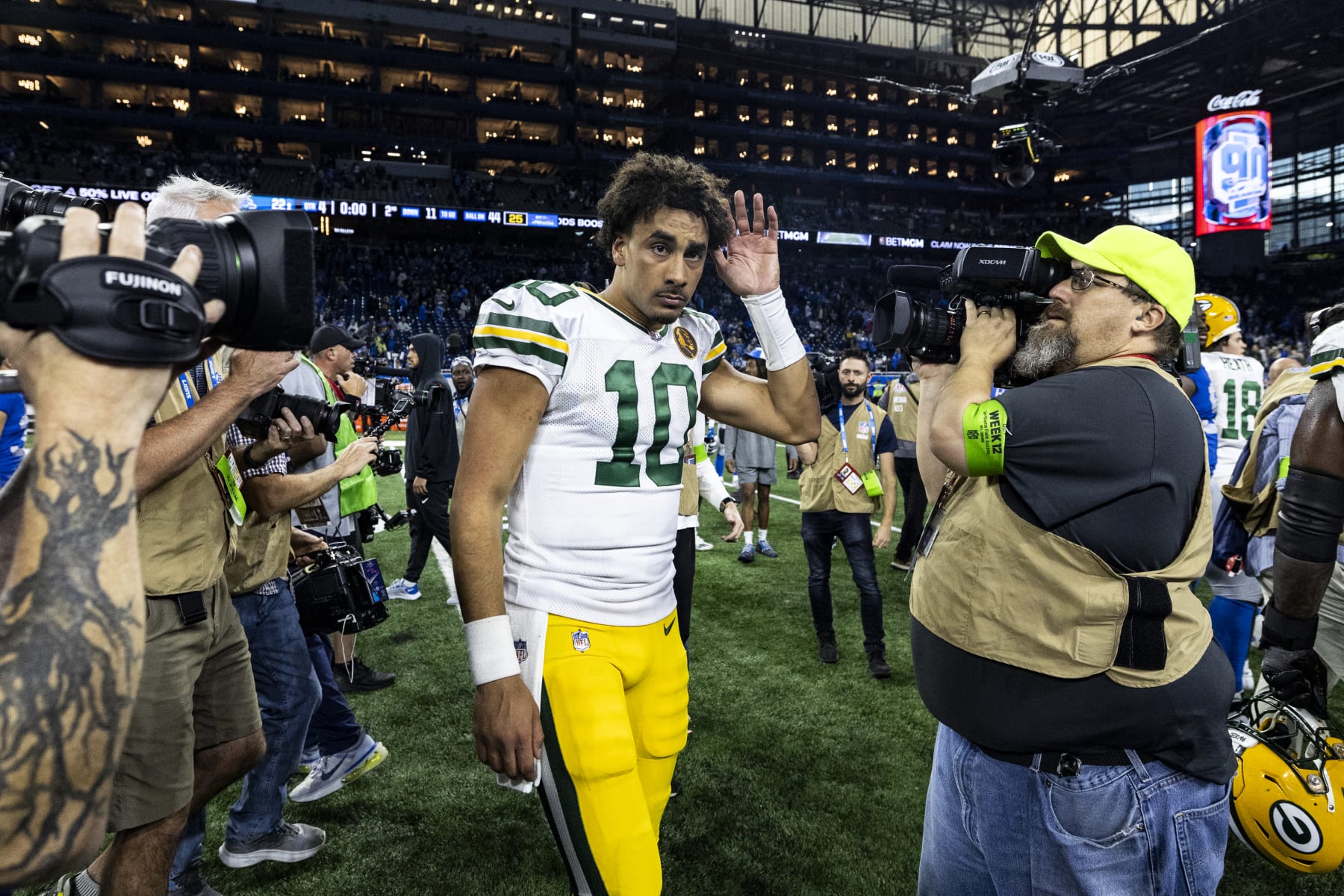 DETROIT, MICHIGAN - NOVEMBER 23: Jordan Love #10 of the Green Bay Packers walks through the crowd after the win against the Detroit Lions at Ford Field on November 23, 2023 in Detroit, Michigan. The Packers beat the Lions 29-22. (Photo by Lauren Leigh Bacho/Getty Images)