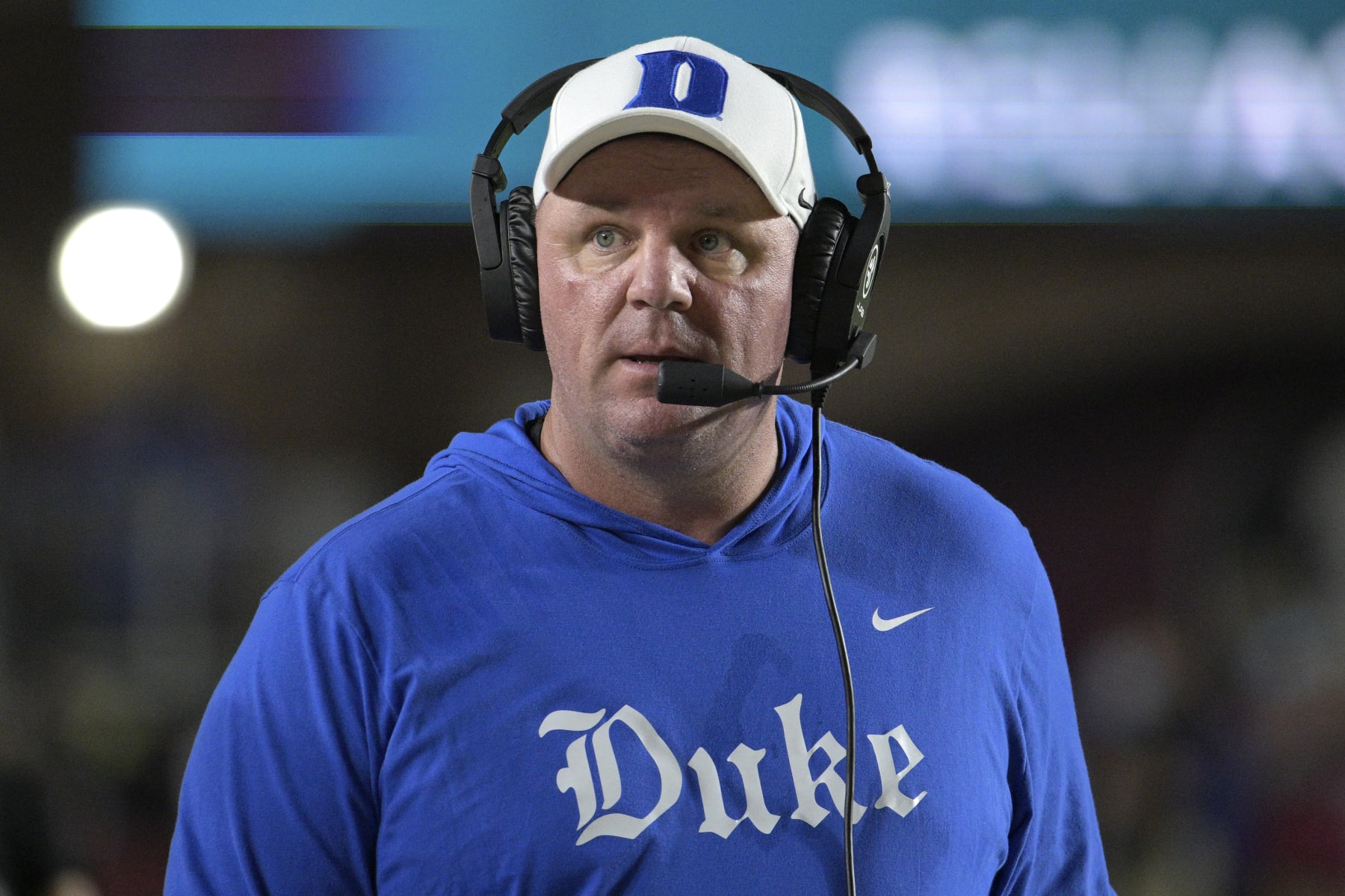 Duke head coach Mike Elko walks along the sideline during the first half of an NCAA college football game against Florida State, Saturday, Oct. 21, 2023, in Tallahassee, Fla. (AP Photo/Phelan M. Ebenhack)