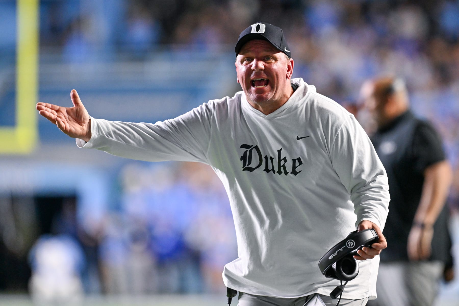 CHAPEL HILL, NORTH CAROLINA - NOVEMBER 11: Head coach Mike Elko of the Duke Blue Devils reacts during the second half of the game against the North Carolina Tar Heels at Kenan Memorial Stadium on November 11, 2023 in Chapel Hill, North Carolina. (Photo by Grant Halverson/Getty Images)
