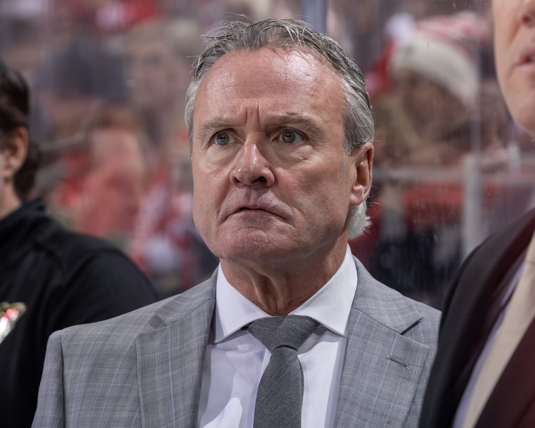 DETROIT, MI - NOVEMBER 26: Head coach Dean Evason of the Minnesota Wild following the play against the Detroit Red Wings during the first period at Little Caesars Arena on November 26, 2023 in Detroit, Michigan. (Photo by Dave Reginek/NHLI via Getty Images)