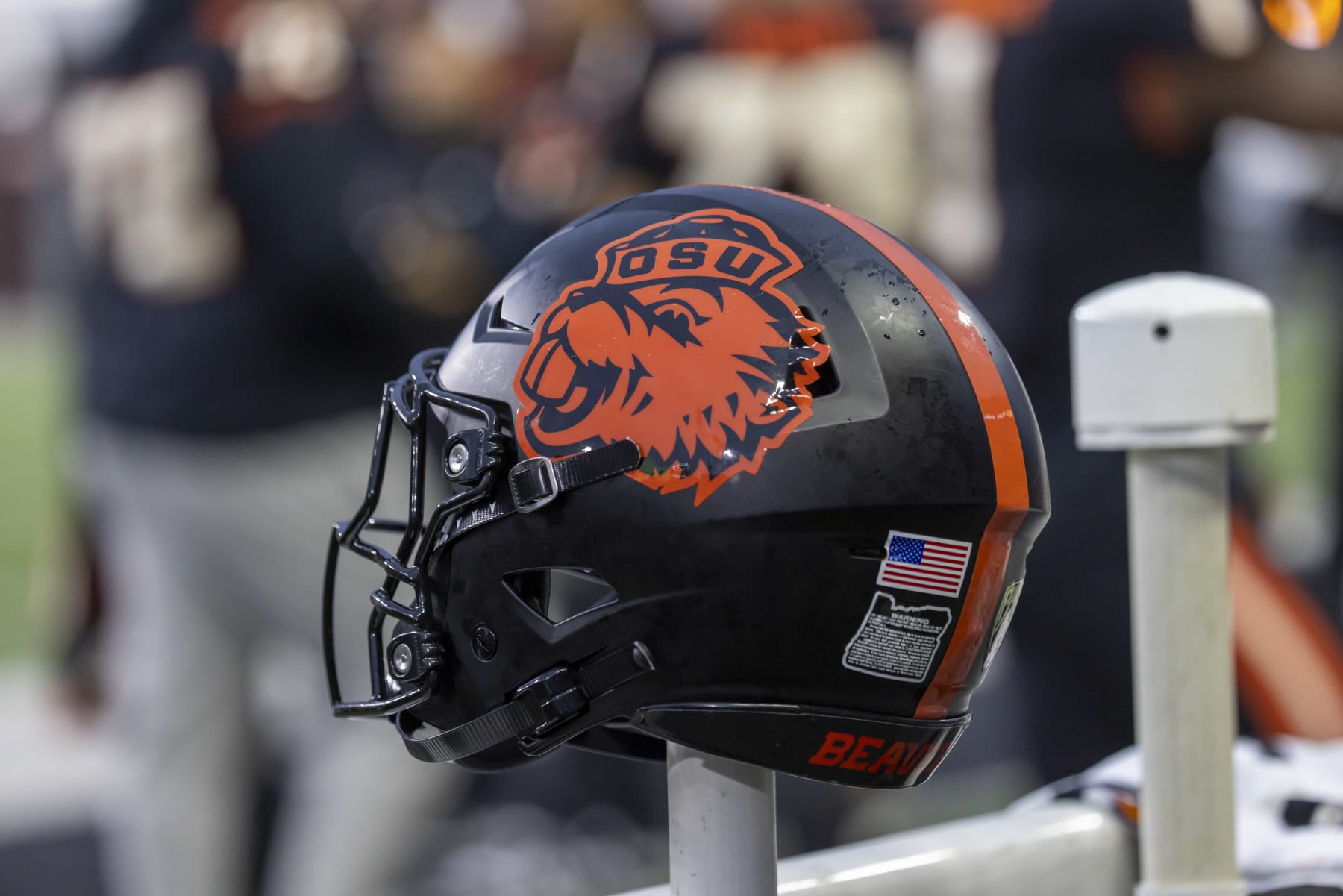 CORVALLIS, OREGON - OCTOBER 14: A close up of an Oregon State Beavers helmet on the sidelines during a game against the UCLA Bruins at Reser Stadium on October 14, 2023 in Corvallis, Oregon. (Photo by Tom Hauck/Getty Images)