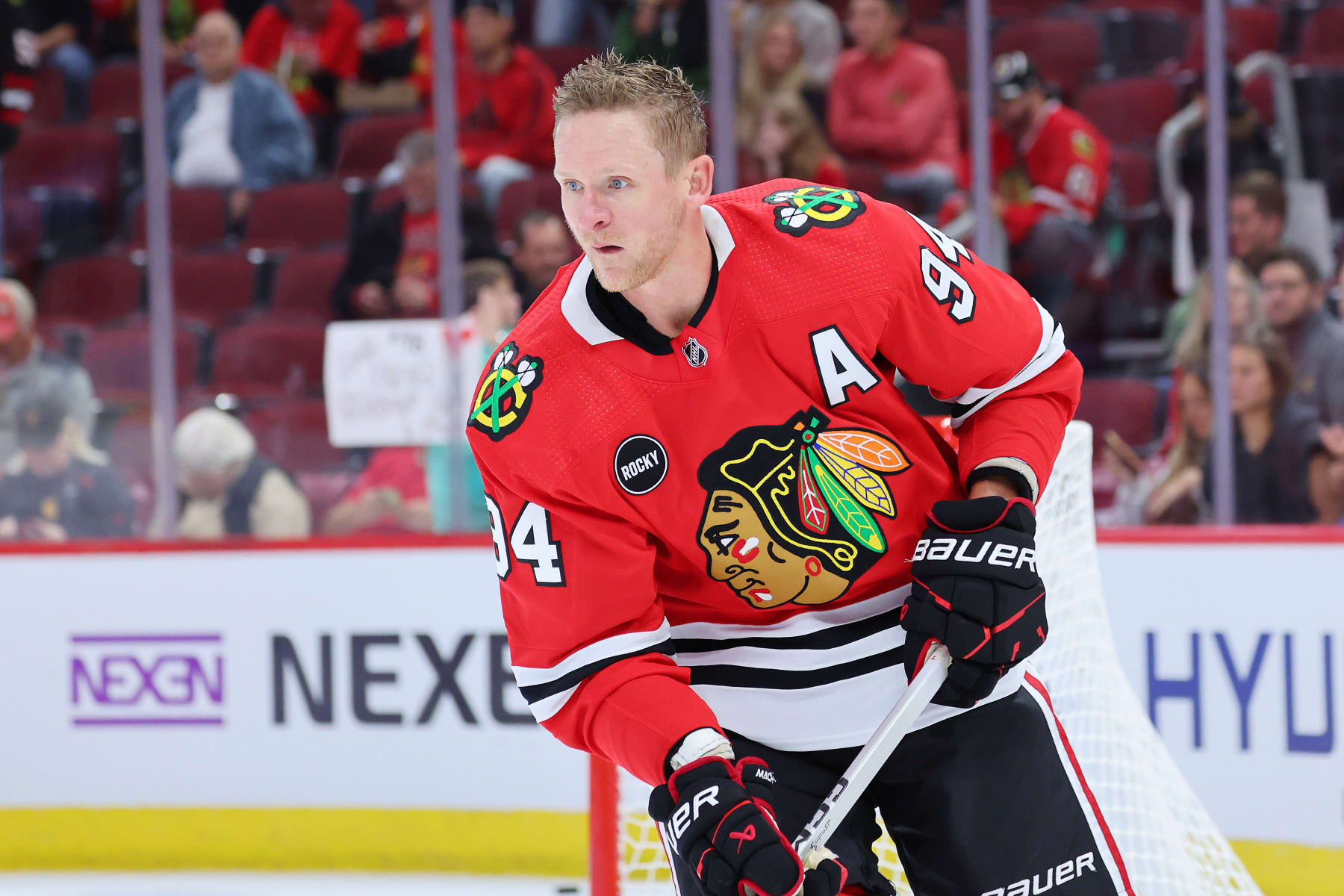 CHICAGO, ILLINOIS - SEPTEMBER 28: Corey Perry #94 of the Chicago Blackhawks warms up prior to the preseason game against the Chicago Blackhawks at the United Center on September 28, 2023 in Chicago, Illinois. (Photo by Michael Reaves/Getty Images)