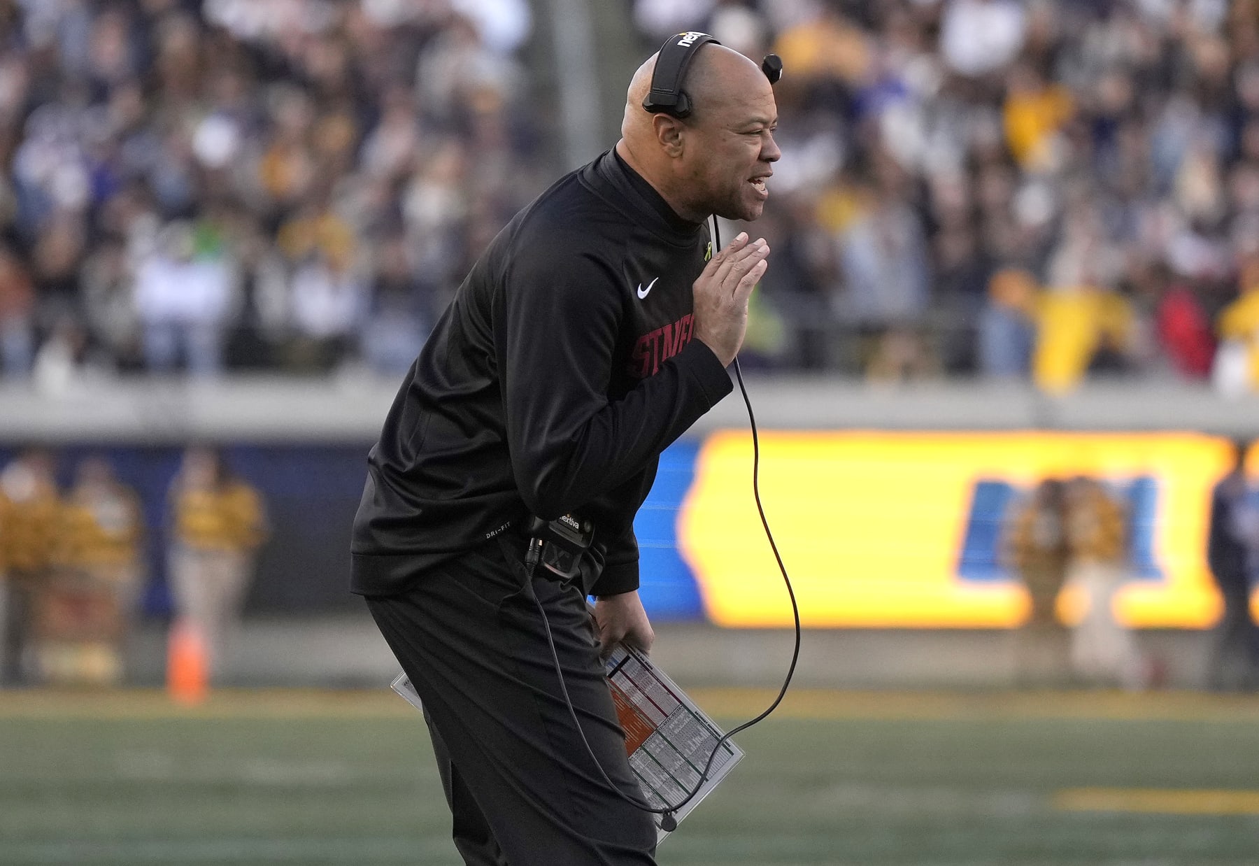 BERKELEY, CALIFORNIA - NOVEMBER 19: Head coach David Shaw of the Stanford Cardinal looks on from the sidelines against the California Golden Bears during the second quarter at California Memorial Stadium on November 19, 2022 in Berkeley, California. (Photo by Thearon W. Henderson/Getty Images)