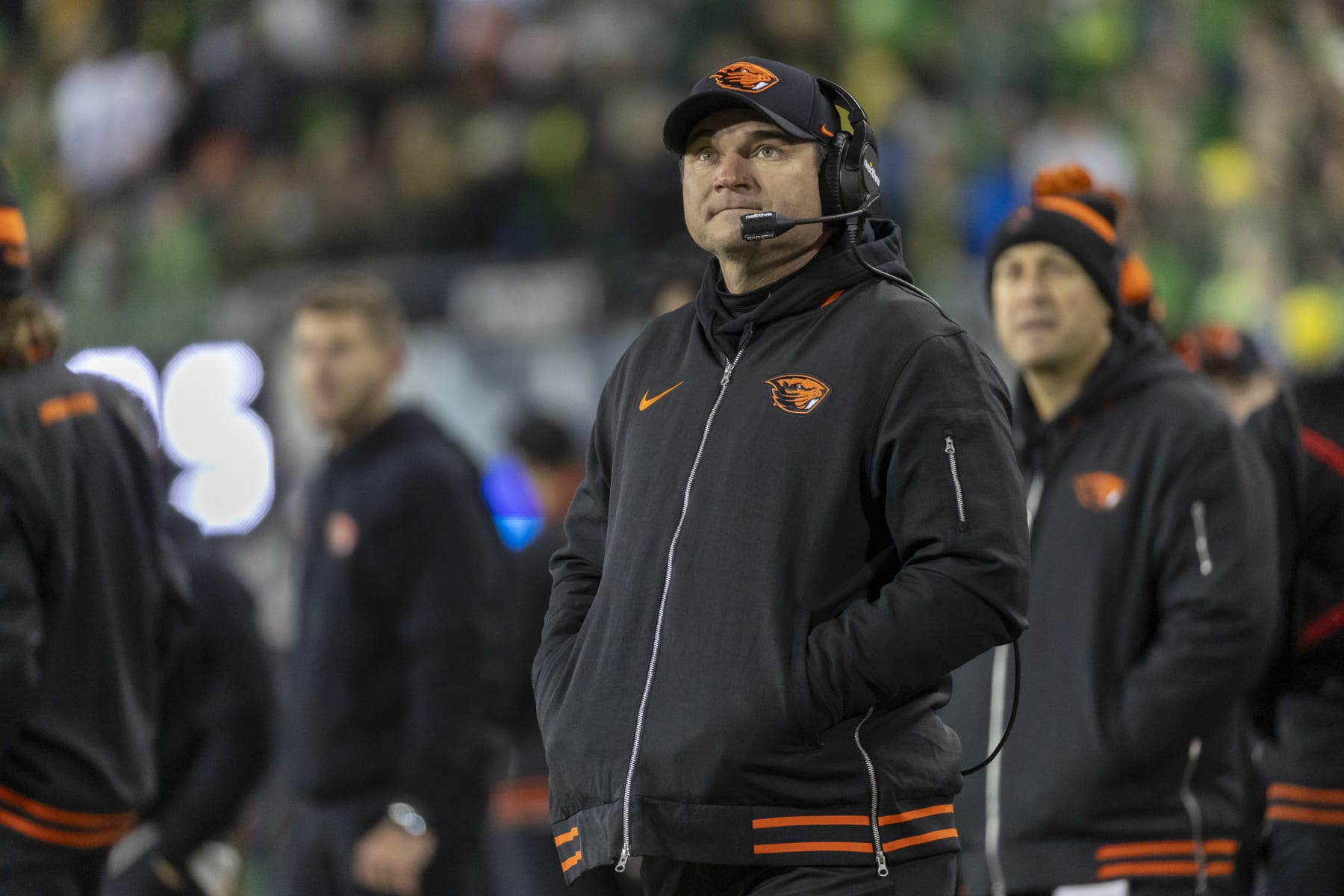 EUGENE, OREGON - NOVEMBER 24: Head coach Jonathan Smith of the Oregon State Beavers stands on the field during the first half against the Oregon Ducksat Autzen Stadium on November 24, 2023 in Eugene, Oregon. (Photo by Tom Hauck/Getty Images)