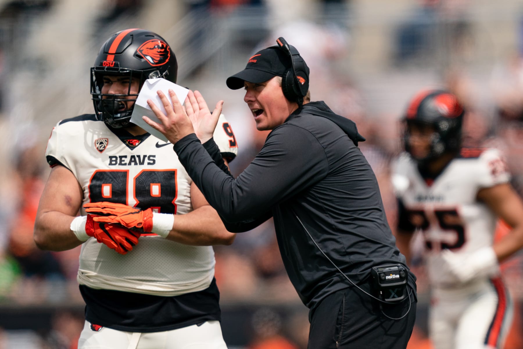 CORVALLIS, OR - APRIL 22: Defensive Coordinator and Assistant Head Coach Trent Bray reacts after a defensive play defense during the Oregon State Spring Football Game at Reser Stadium on April 22, 2023 in Corvallis, Oregon. (Photo by Ali Gradischer/Getty Images)