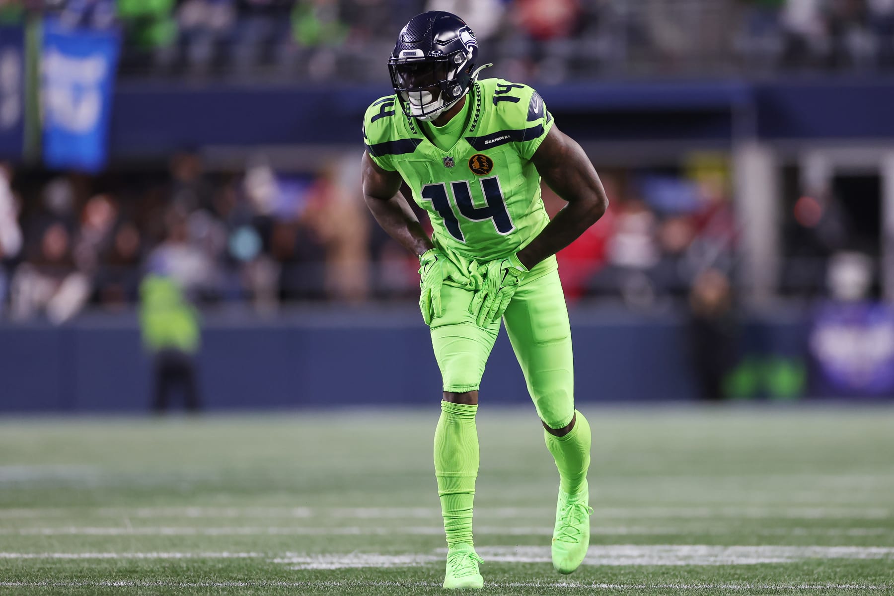 SEATTLE, WASHINGTON - NOVEMBER 23: DK Metcalf #14 of the Seattle Seahawks lines up during the third quarter against the San Francisco 49ersat Lumen Field on November 23, 2023 in Seattle, Washington. (Photo by Steph Chambers/Getty Images)