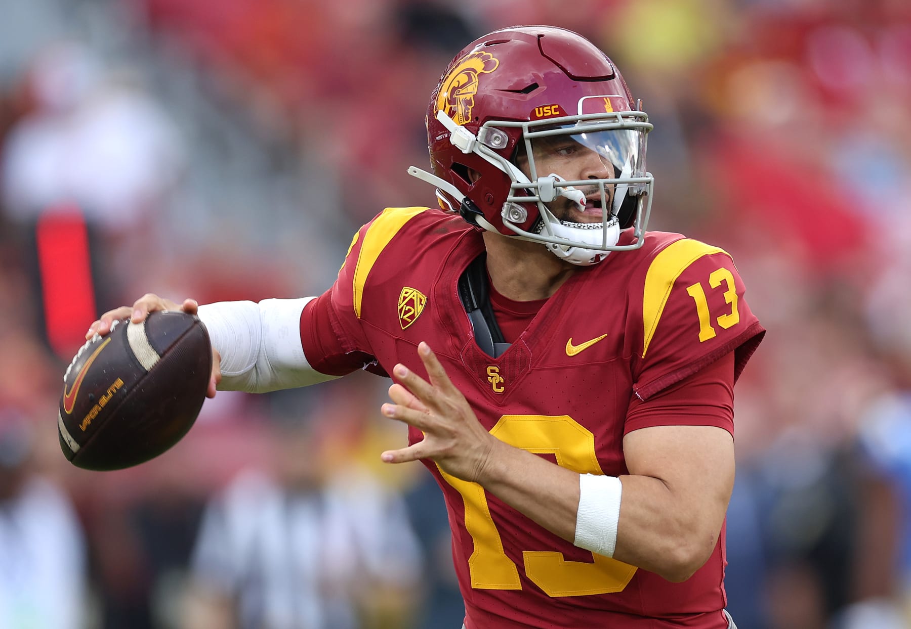 LOS ANGELES, CALIFORNIA - NOVEMBER 18: Caleb Williams #13 of the USC Trojans passes the ball during the first half of a game against the UCLA Bruins at United Airlines Field at the Los Angeles Memorial Coliseum on November 18, 2023 in Los Angeles, California. (Photo by Sean M. Haffey/Getty Images)