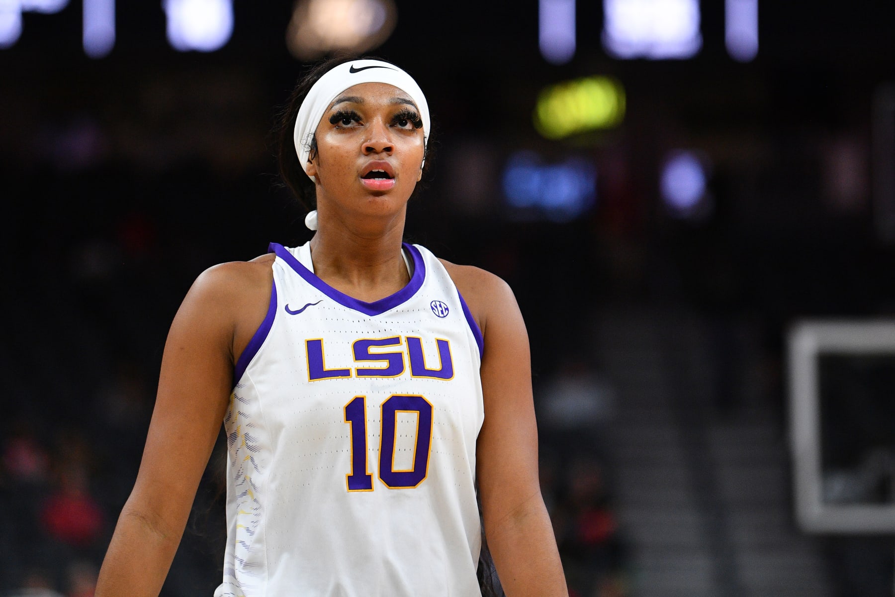 LAS VEGAS, NV - NOVEMBER 06: LSU Tigers forward Angel Reese (10) looks on during the Hall of Fame Series, a women's college basketball game between the LSU Tigers and the Colorado Buffaloes on November 6, 2023 at T-Mobile Arena in Las Vegas, NV. (Photo by Brian Rothmuller/Icon Sportswire via Getty Images)