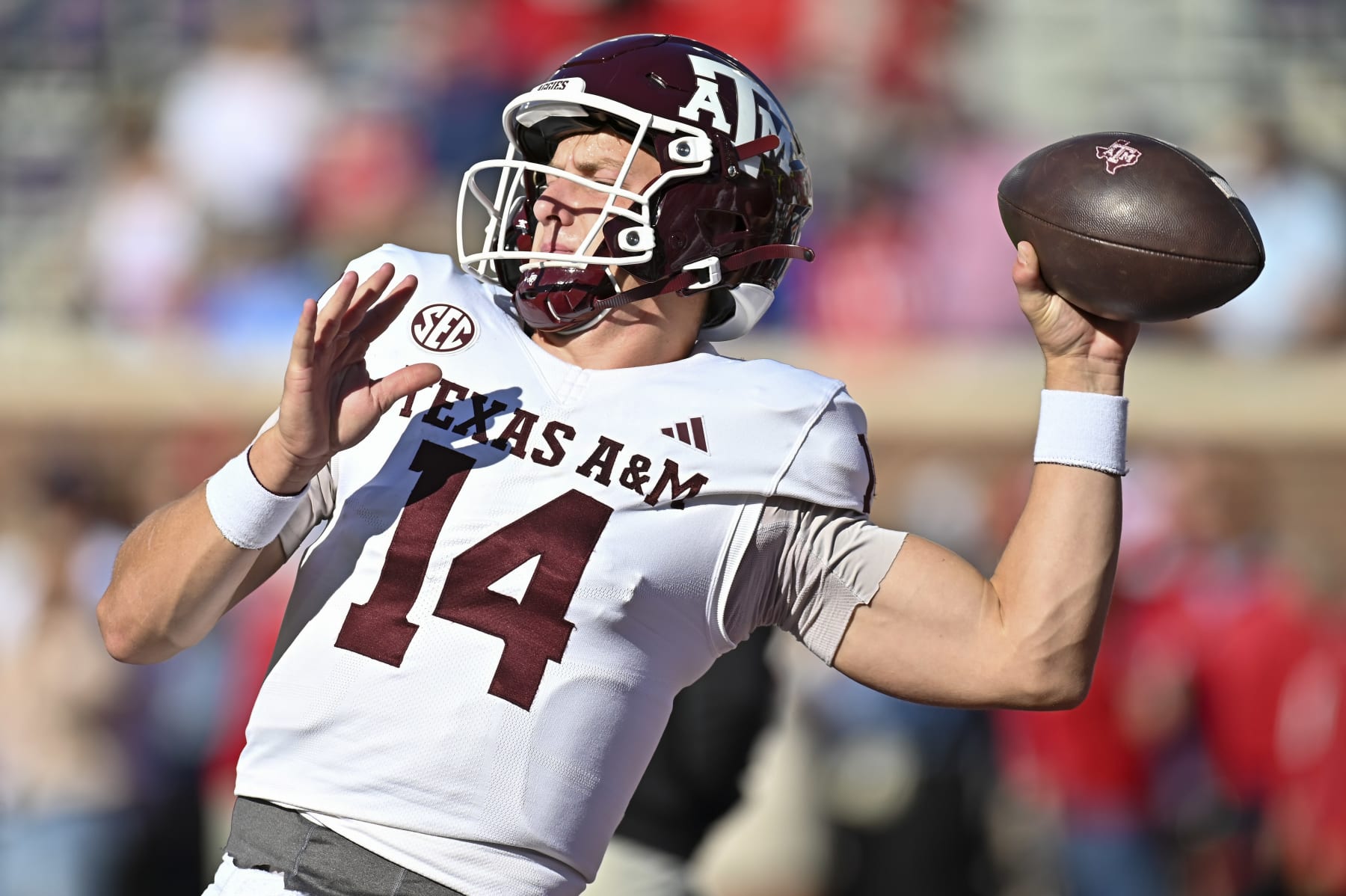 OXFORD, MS - NOVEMBER 04: Texas A&M quarterback Max Johnson (14) in action during the college football game between the Texas A&M Aggies and the Ole' Miss Rebels on November 04, 2023 at Vaught-Hemingway Stadium in Oxford, MS. (Photo by Kevin Langley/Icon Sportswire via Getty Images)