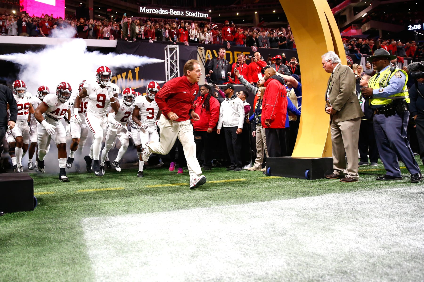 ATLANTA, GA - JANUARY 08: Head coach Nick Saban of the Alabama Crimson Tide leads his team out of the tunnel prior to the game against the Georgia Bulldogs in the CFP National Championship presented by AT&T at Mercedes-Benz Stadium on January 8, 2018 in Atlanta, Georgia. (Photo by Jamie Squire/Getty Images)