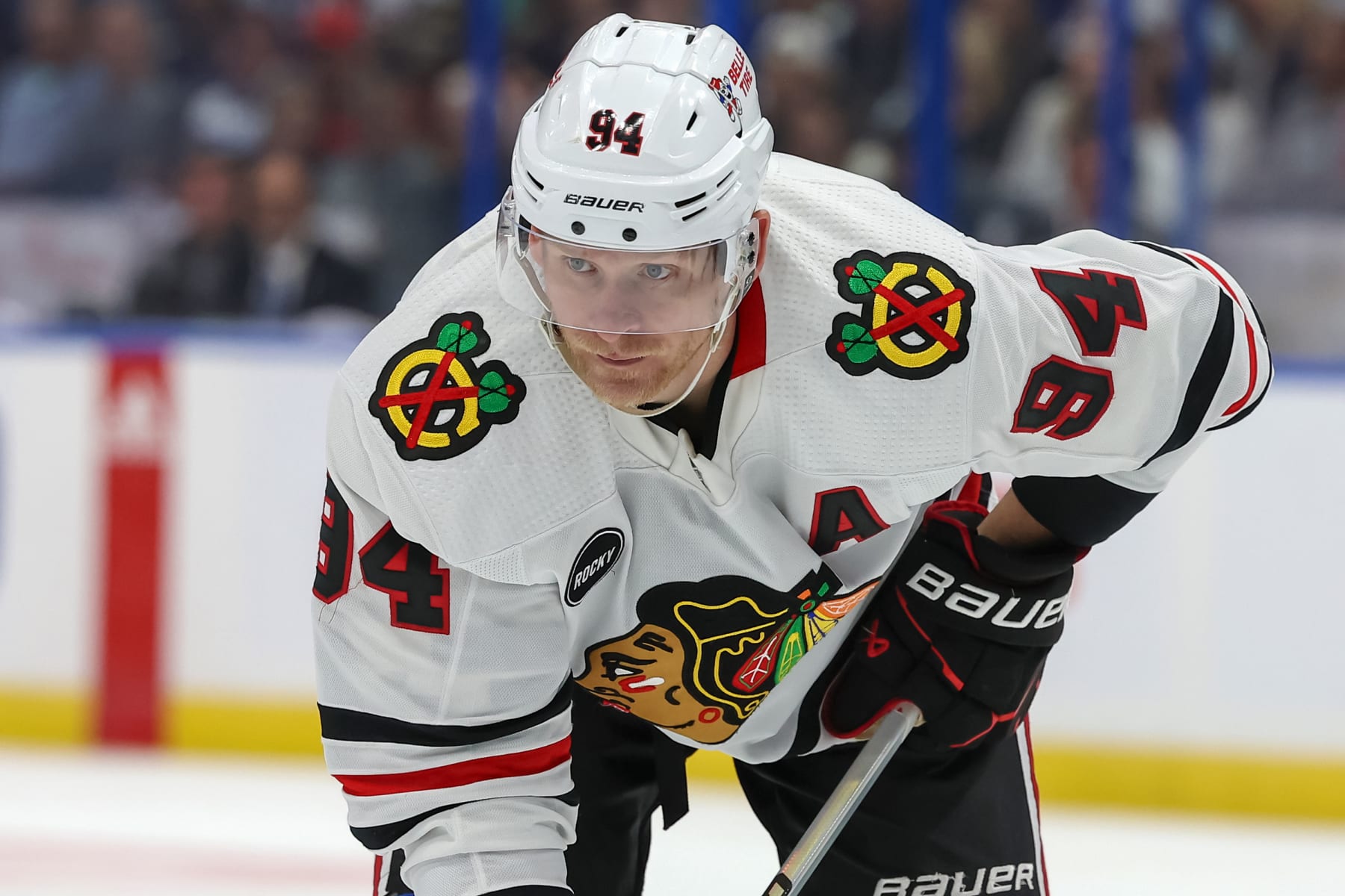 TAMPA, FL - NOVEMBER 9: Corey Perry #94 of the Chicago Blackhawks against the Tampa Bay Lightning during the game at the Amalie Arena on November 9, 2023 in Tampa, Florida. (Photo by Mike Carlson/Getty Images)