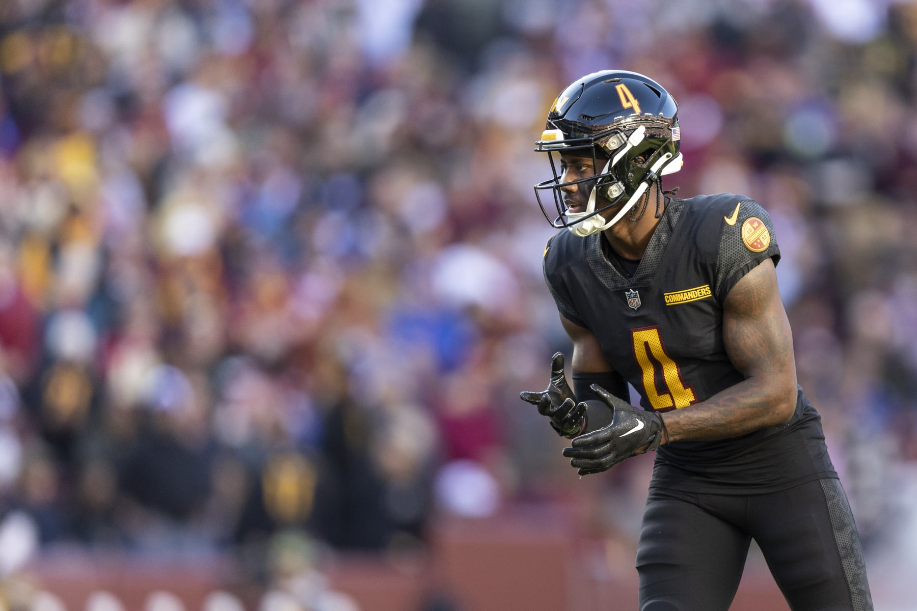 LANDOVER, MARYLAND - NOVEMBER 19: Curtis Samuel #4 of the Washington Commanders lines up during an NFL football game between the Washington Commanders and the New York Giants at FedExField on November 19, 2023 in Landover, Maryland. (Photo by Michael Owens/Getty Images) LANDOVER, MARYLAND - NOVEMBER 19: Curtis Samuel #4 of the Washington Commanders lines up during an NFL football game between the Washington Commanders and the New York Giants at FedExField on November 19, 2023 in Landover, Maryland. (Photo by Michael Owens/Getty Images)