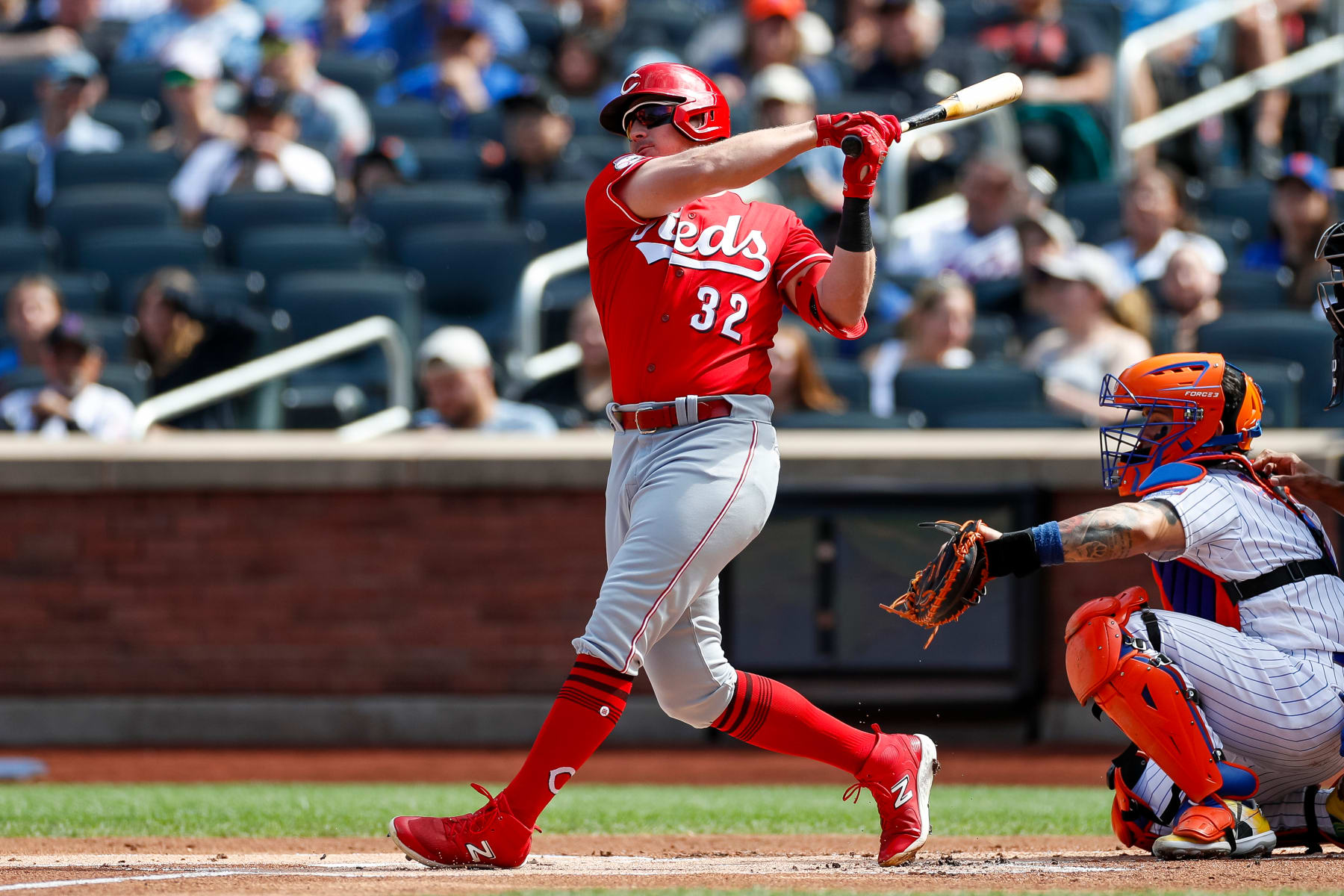 NEW YORK, NEW YORK - SEPTEMBER 17: Hunter Renfroe #32 of the Cincinnati Reds swings the bat in the first inning during a game against the New York Mets at Citi Field on September 17, 2023 in New York City. (Photo by Brandon Sloter/Image Of Sport/Getty Images)
