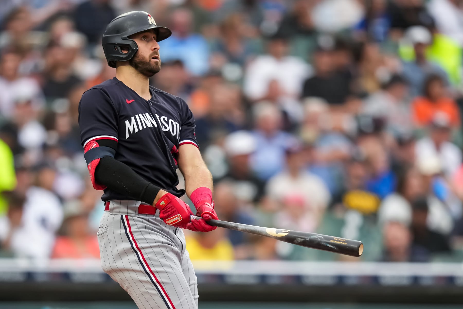 DETROIT, MI - AUGUST 09: Joey Gallo #13 of the Minnesota Twins bats and hits a home run against the Detroit Tigers on August 9, 2023 at Comerica Park in Detroit, Michigan. (Photo by Brace Hemmelgarn/Minnesota Twins/Getty Images)