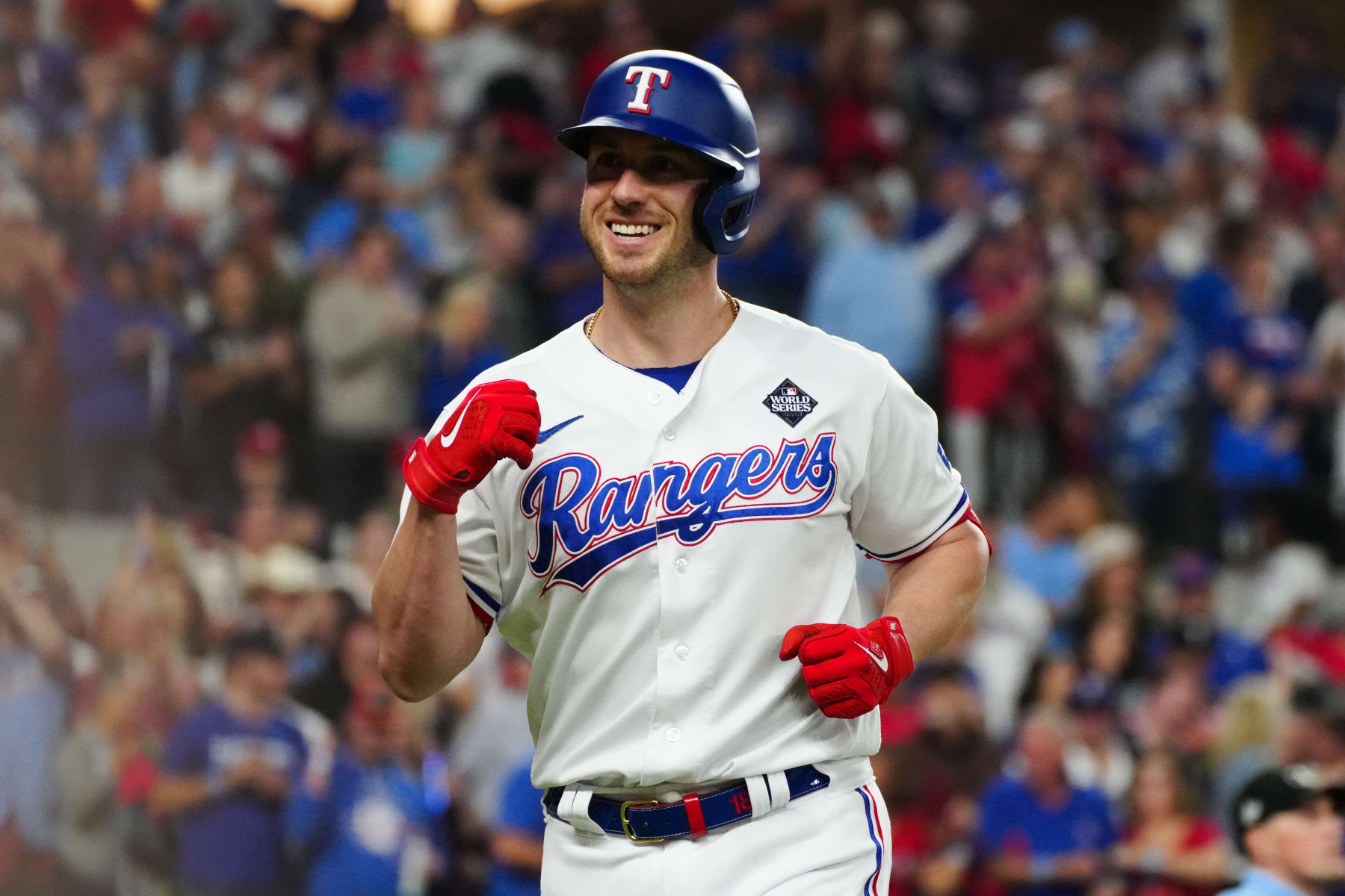 ARLINGTON, TX - OCTOBER 28: Mitch Garver #18 of the Texas Rangers smiles after hitting a solo home run in the fifth inning during Game 2 of the 2023 World Series between the Arizona Diamondbacks and the Texas Rangers at Globe Life Field on Saturday, October 28, 2023 in Arlington, Texas. (Photo by Mary DeCicco/MLB Photos via Getty Images)