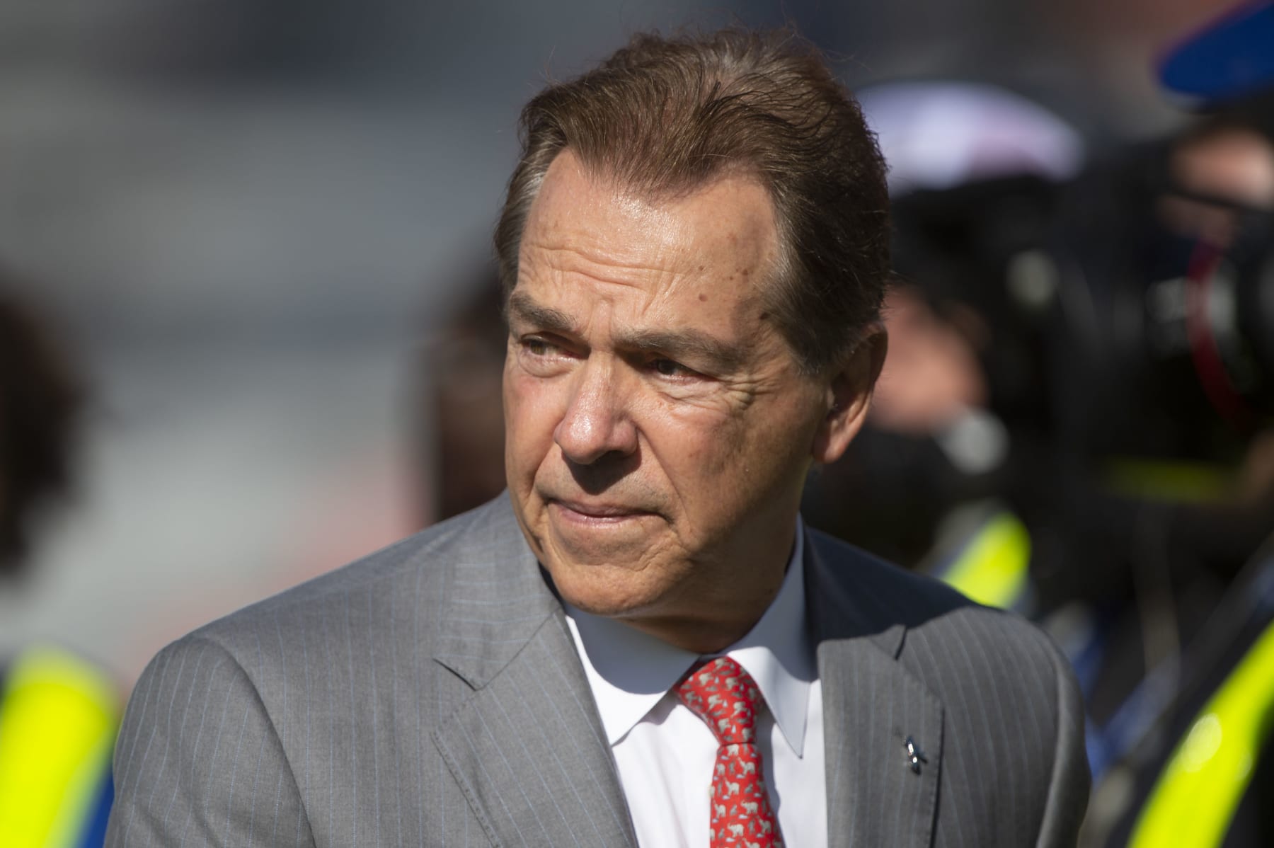 AUBURN, ALABAMA - NOVEMBER 25: Head coach Nick Saban of the Alabama Crimson Tide prior to their game against the Auburn Tigers at Jordan-Hare Stadium on November 25, 2023 in Auburn, Alabama. (Photo by Michael Chang/Getty Images)
