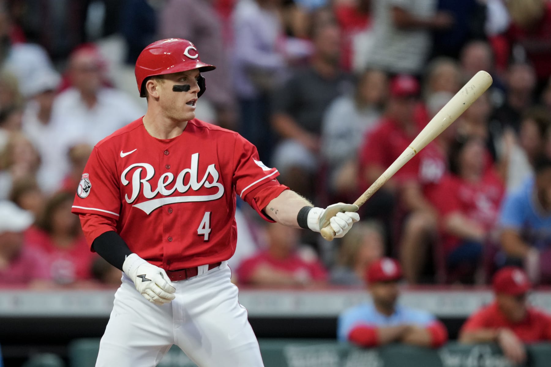 CINCINNATI, OHIO - SEPTEMBER 09: Harrison Bader #4 of the Cincinnati Reds bats against the St. Louis Cardinals at Great American Ball Park on September 09, 2023 in Cincinnati, Ohio. (Photo by Aaron Doster/Getty Images)