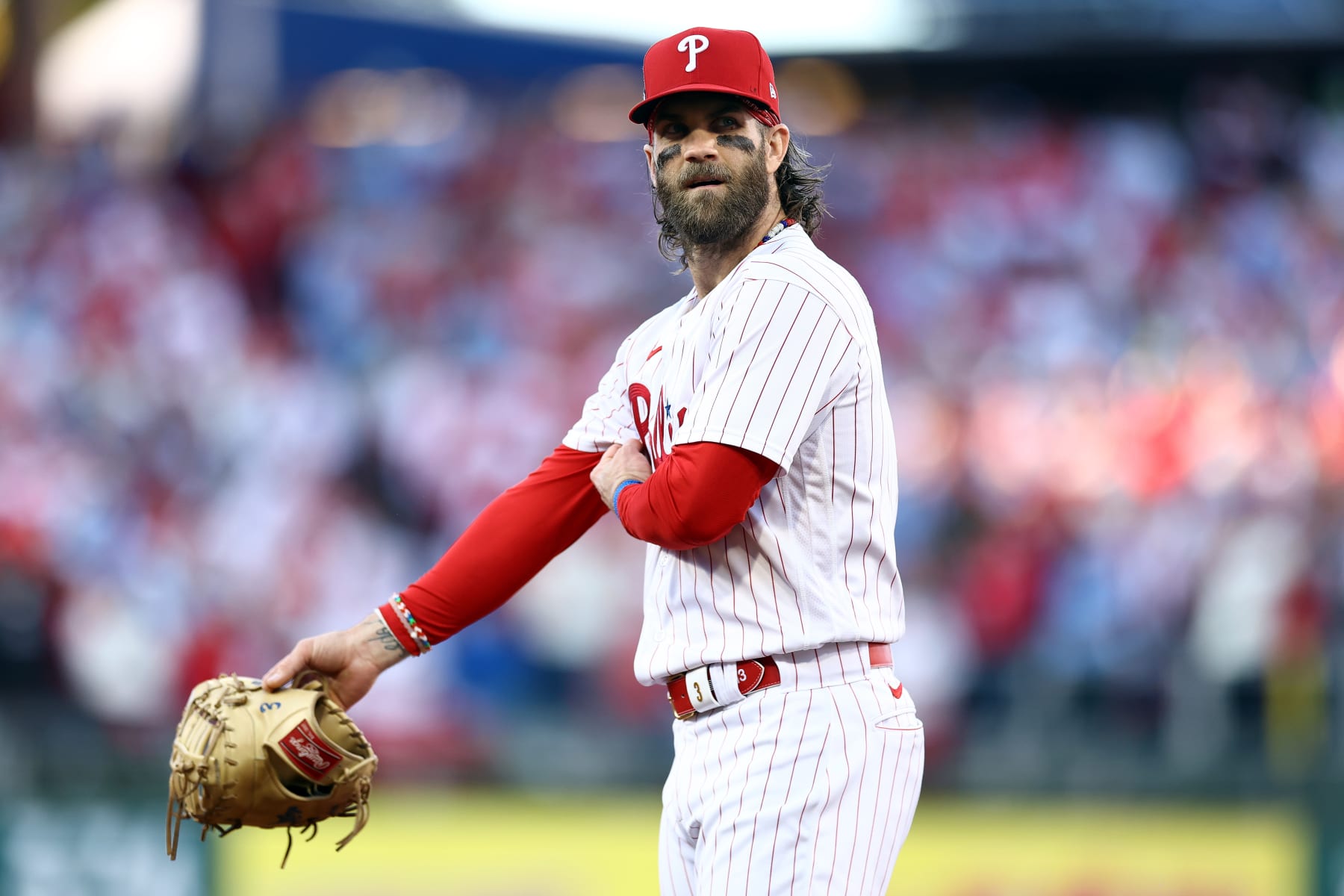 PHILADELPHIA, PENNSYLVANIA - OCTOBER 23: Bryce Harper #3 of the Philadelphia Phillies looks on in the first inning against the Arizona Diamondbacks during Game Six of the Championship Series at Citizens Bank Park on October 23, 2023 in Philadelphia, Pennsylvania. (Photo by Tim Nwachukwu/Getty Images)