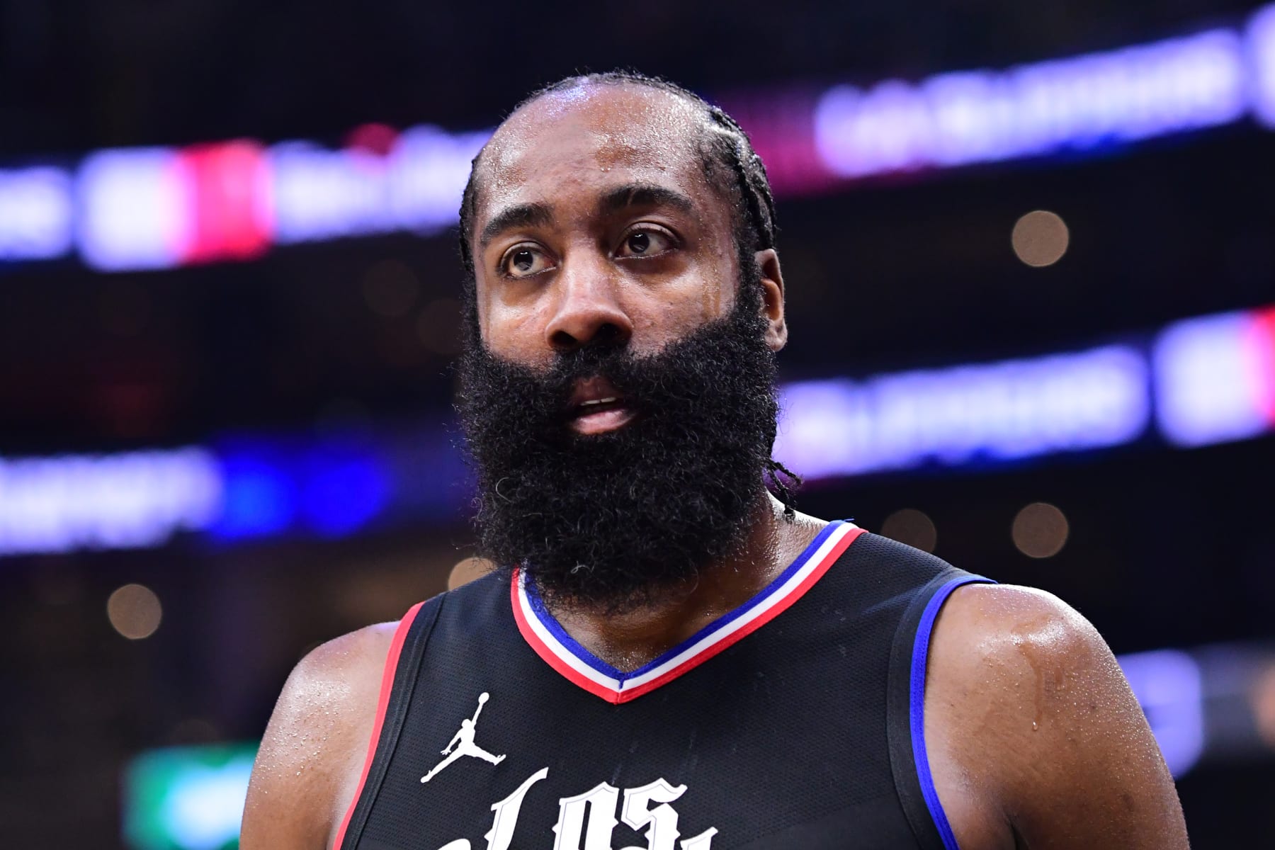 LOS ANGELES, CA - DECEMBER 2: James Harden #1 of the LA Clippers looks on during the game against the Golden State Warriors on December 2, 2023 at Crypto.Com Arena in Los Angeles, California. NOTE TO USER: User expressly acknowledges and agrees that, by downloading and/or using this Photograph, user is consenting to the terms and conditions of the Getty Images License Agreement. Mandatory Copyright Notice: Copyright 2023 NBAE (Photo by Adam Pantozzi/NBAE via Getty Images)