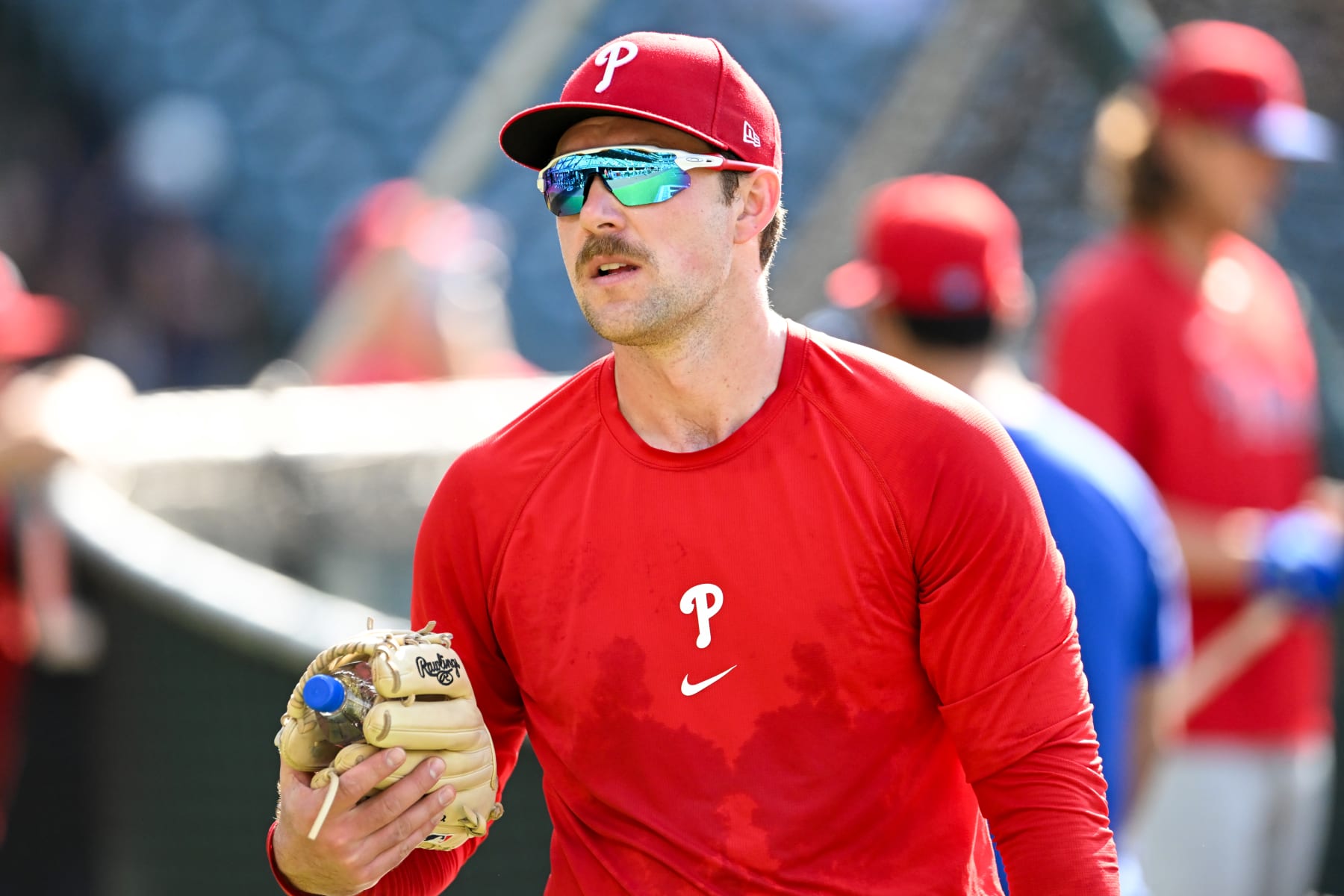 CLEVELAND, OHIO - JULY 22: Rhys Hoskins #17 of the Philadelphia Phillies looks on prior to a game against the Cleveland Guardians at Progressive Field on July 22, 2023 in Cleveland, Ohio. (Photo by Nick Cammett/Diamond Images via Getty Images)