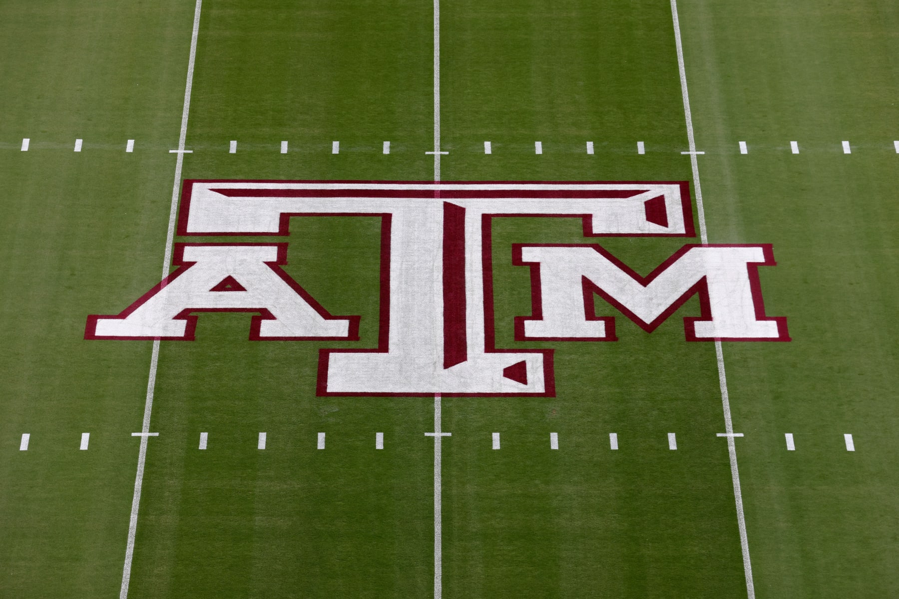 COLLEGE STATION, TEXAS - OCTOBER 29: A view of the Texas A&M Aggies logo on the field before the game against the Mississippi Rebels at Kyle Field on October 29, 2022 in College Station, Texas. (Photo by Tim Warner/Getty Images)