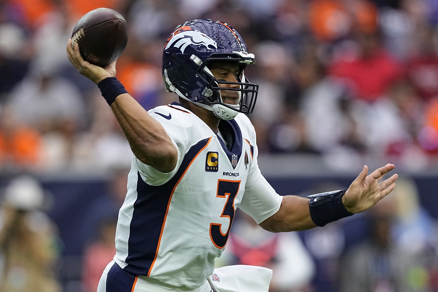 HOUSTON, TEXAS - DECEMBER 03: Russell Wilson #3 of the Denver Broncos throws during the first half against the Houston Texans at NRG Stadium on December 03, 2023 in Houston, Texas. (Photo by Sam Hodde/Getty Images)
