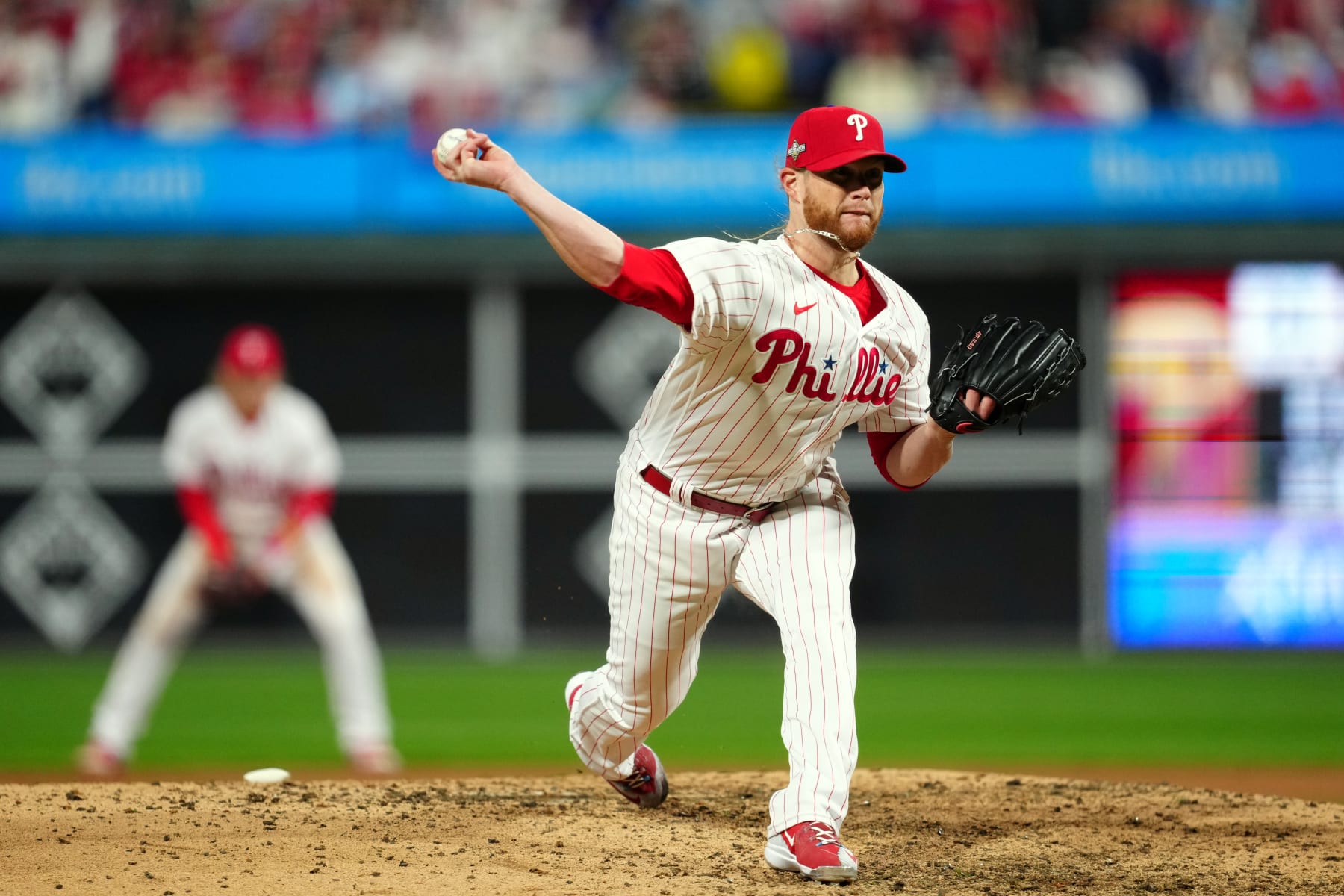 PHILADELPHIA, PA - OCTOBER 23:  Craig Kimbrel #31 of the Philadelphia Phillies pitches during Game 6 of the NLCS between the Arizona Diamondbacks and the Philadelphia Phillies at Citizens Bank Park on Monday, October 23, 2023 in Philadelphia, Pennsylvania. (Photo by Mary DeCicco/MLB Photos via Getty Images)