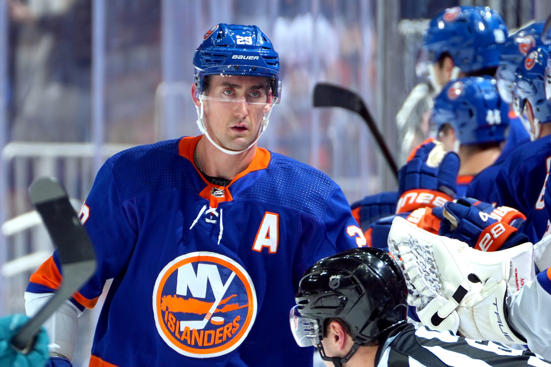 ELMONT, NEW YORK - DECEMBER 05: Brock Nelson #29 of the New York Islanders is congratulated by his teammates after scoring a goal against the San Jose Sharks during the second period at UBS Arena on December 05, 2023 in Elmont, New York. (Photo by Mike Stobe/NHLI via Getty Images)