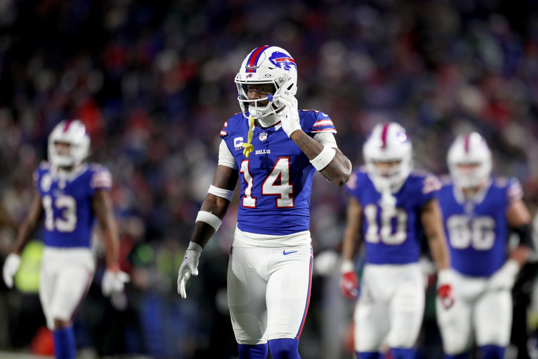 ORCHARD PARK, NEW YORK - NOVEMBER 19: Stefon Diggs #14 of the Buffalo Bills walks to the tunnel during halftime against the New York Jets at Highmark Stadium on November 19, 2023 in Orchard Park, New York. (Photo by Bryan Bennett/Getty Images)
