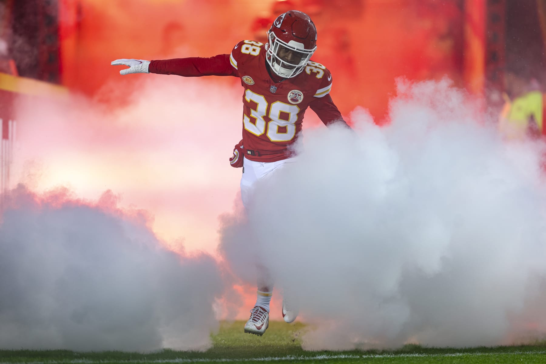 KANSAS CITY, MO - NOVEMBER 20: L'Jarius Sneed #38 of the Kansas City Chiefs runs out of the tunnel prior to an NFL football game against the Philadelphia Eagles at GEHA Field at Arrowhead Stadium on November 20, 2023 in Kansas City, Missouri. (Photo by Perry Knotts/Getty Images)
