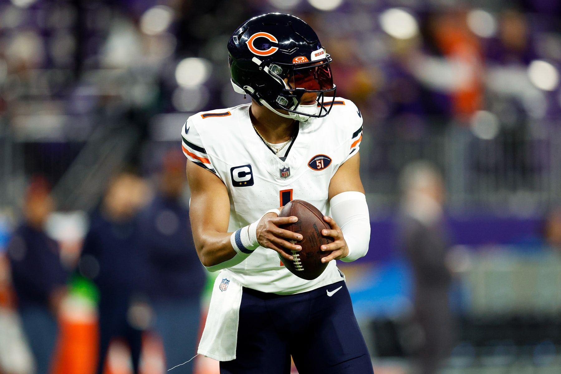 MINNEAPOLIS, MINNESOTA - NOVEMBER 27: Justin Fields #1 of the Chicago Bears warms up prior to the start of the game against the Minnesota Vikings at U.S. Bank Stadium on November 27, 2023 in Minneapolis, Minnesota. The Bears defeated the Vikings 12-10. (Photo by David Berding/Getty Images)