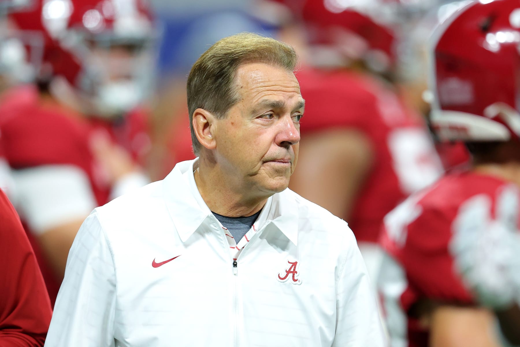 ATLANTA, GEORGIA - DECEMBER 02: Head coach Nick Saban of the Alabama Crimson Tide looks on prior to the SEC Championship game against the Georgia Bulldogs at Mercedes-Benz Stadium on December 02, 2023 in Atlanta, Georgia. (Photo by Kevin C. Cox/Getty Images)