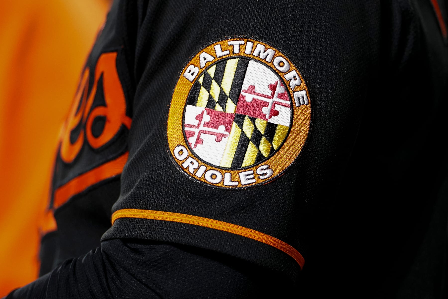 BALTIMORE, MARYLAND - SEPTEMBER 27: Detail view of a patch of a Baltimore Orioles logo on a player uniform during a game against the Washington Nationals at Oriole Park at Camden Yards on September 27, 2023 in Baltimore, Maryland. (Photo by Brandon Sloter/Getty Images)