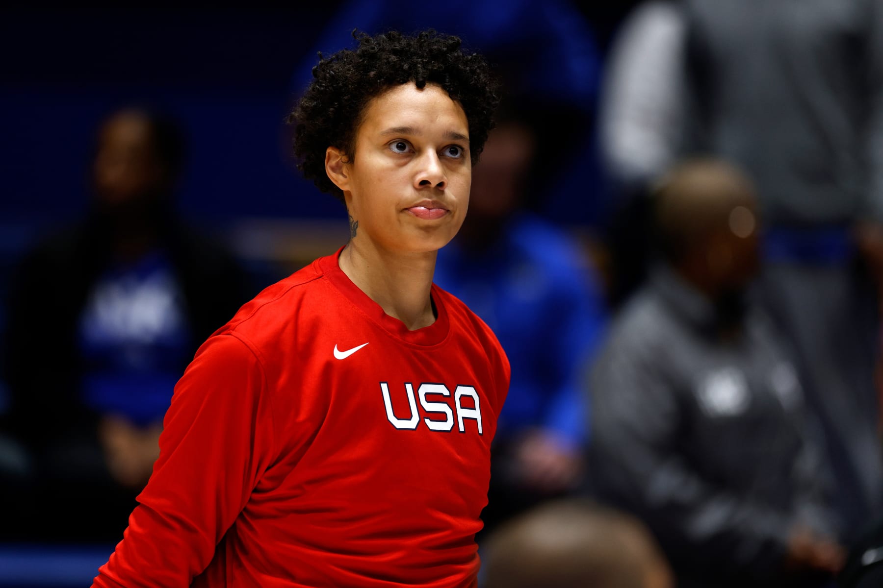 DURHAM, NORTH CAROLINA - NOVEMBER 12: Brittney Griner #15 of the US National Team warms up prior to their exhibition game against the Duke Blue Devils at Cameron Indoor Stadium on November 12, 2023 in Durham, North Carolina. The US National Team won 87-58. (Photo by Lance King/Getty Images)