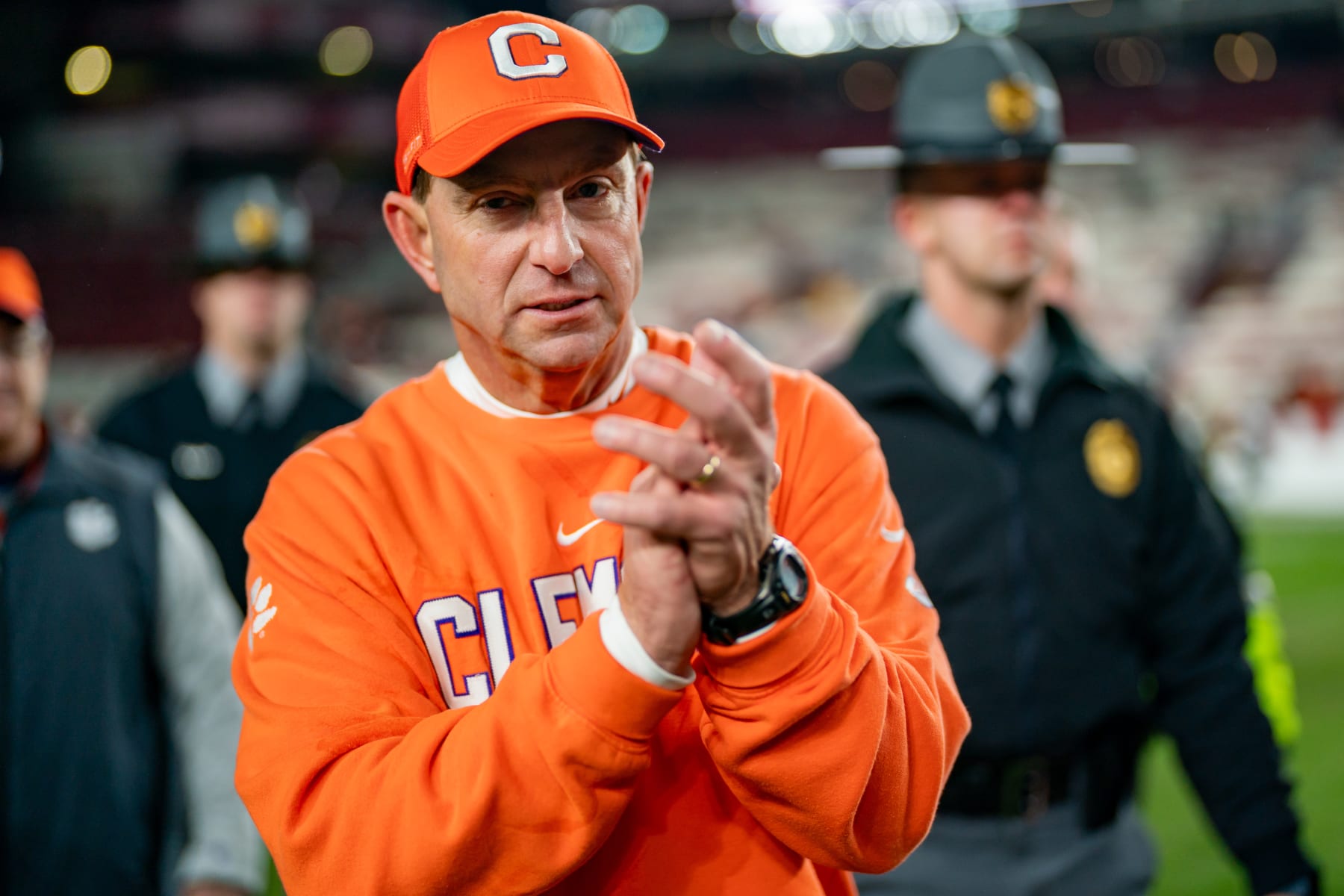 COLUMBIA, SOUTH CAROLINA - NOVEMBER 25: Head coach Dabo Swinney of the Clemson Tigers walks off the field after defeating the South Carolina Gamecocks during their game at Williams-Brice Stadium on November 25, 2023 in Columbia, South Carolina. (Photo by Jacob Kupferman/Getty Images)