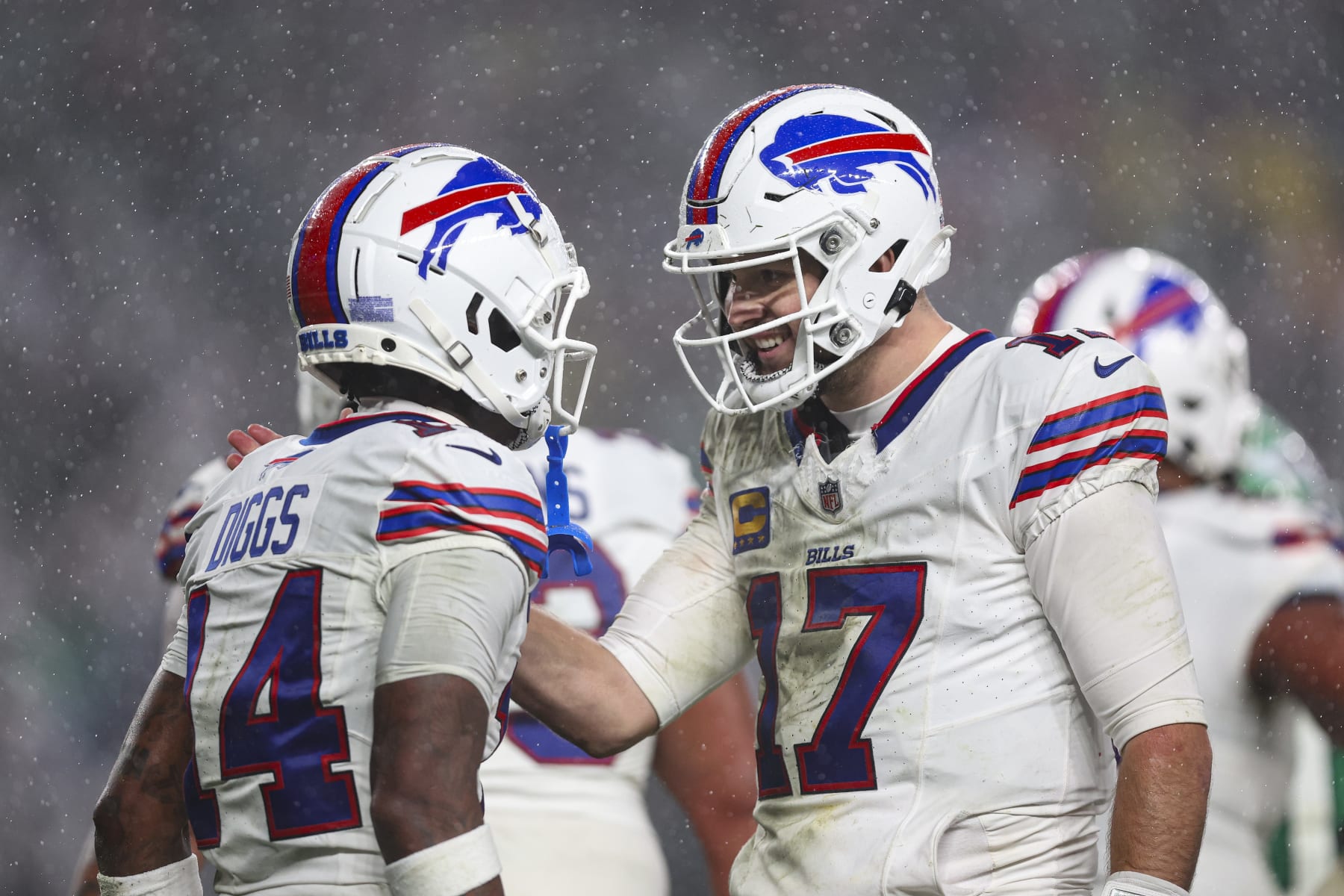 PHILADELPHIA, PA - NOVEMBER 26: Stefon Diggs #14 of the Buffalo Bills celebrates with Josh Allen #17 after scoring a touchdown during an NFL football game against the Philadelphia Eagles at Lincoln Financial Field on November 26, 2023 in Philadelphia, Pennsylvania. (Photo by Perry Knotts/Getty Images)