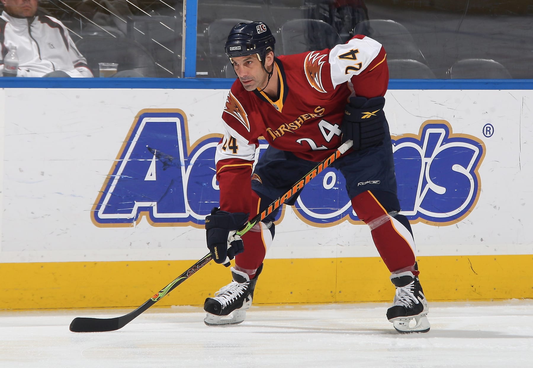 ATLANTA - MARCH 25: Chris Chelios #24 of the Atlanta Thrashers gets set for a faceoff against the Toronto Maple Leafs at Philips Arena on March 25, 2010 in Atlanta, Georgia. (Photo by Scott Cunningham/NHLI via Getty Images)