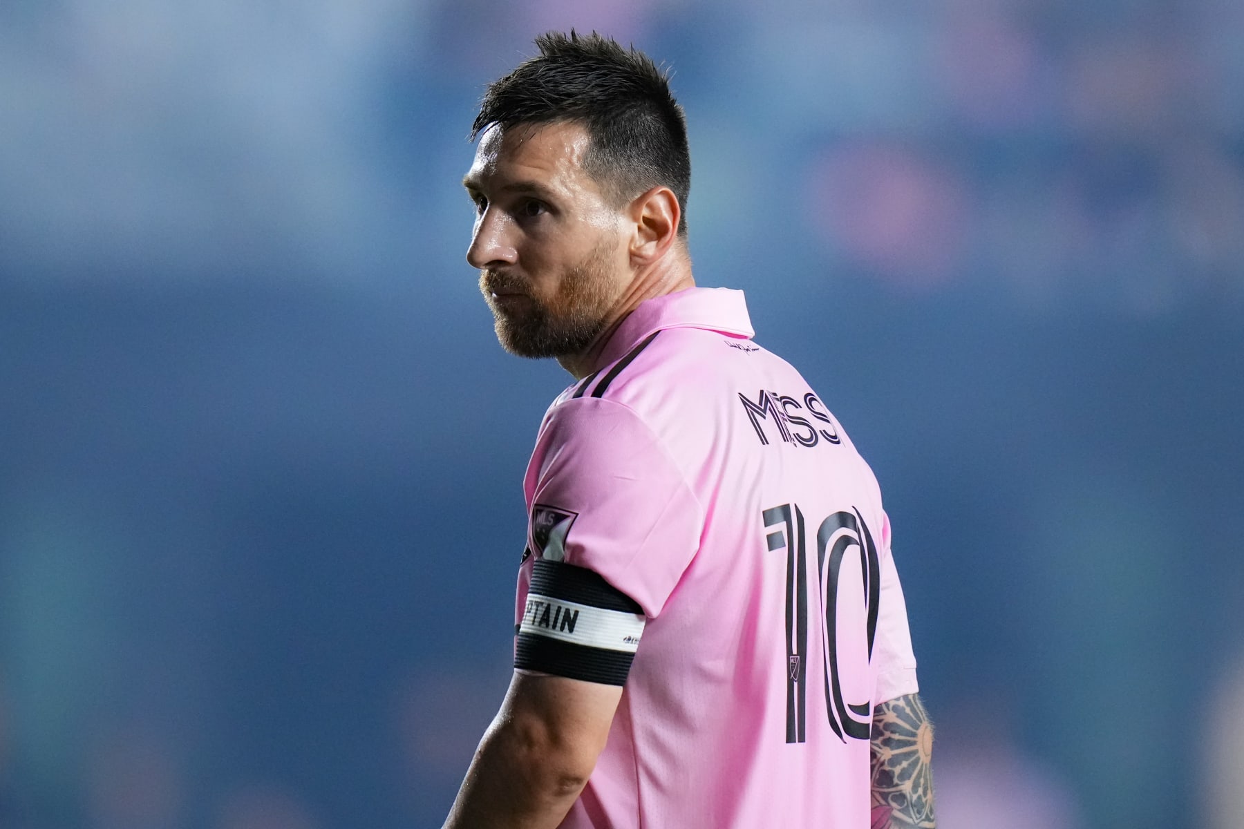 FORT LAUDERDALE, FLORIDA - NOVEMBER 10: Lionel Messi #10 of Inter Miami CFlooks on against the New York City FC during the second half at DRV PNK Stadium on November 10, 2023 in Fort Lauderdale, Florida. (Photo by Rich Storry/Getty Images)