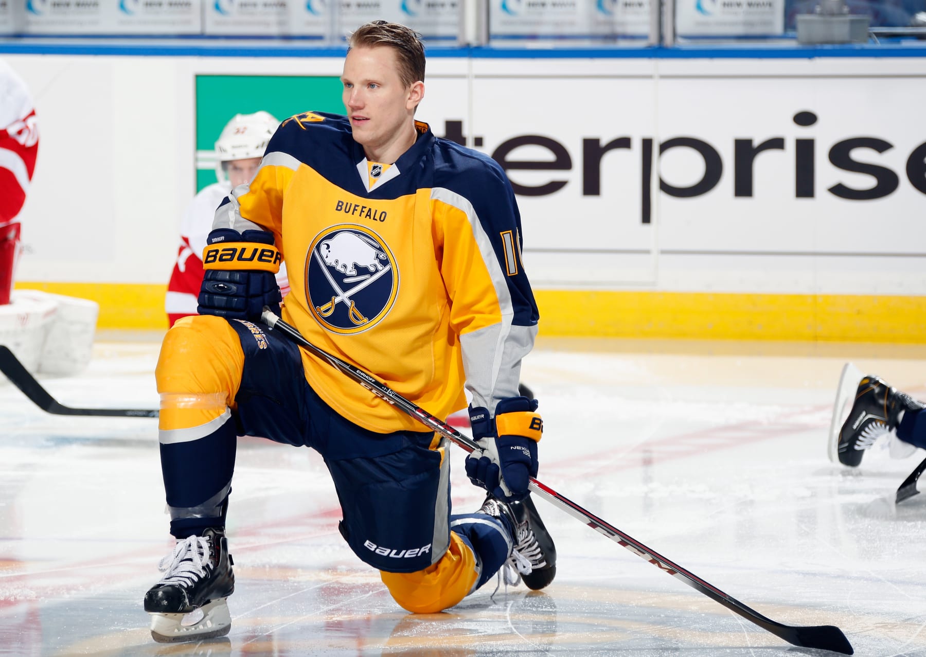 BUFFALO, NY - NOVEMBER 24: Christian Ehrhoff #10 of the Buffalo Sabres warms up to play the Detroit Red Wings at First Niagara Center on November 24, 2013 in Buffalo, New York. (Photo by Jen Fuller/Getty Images)