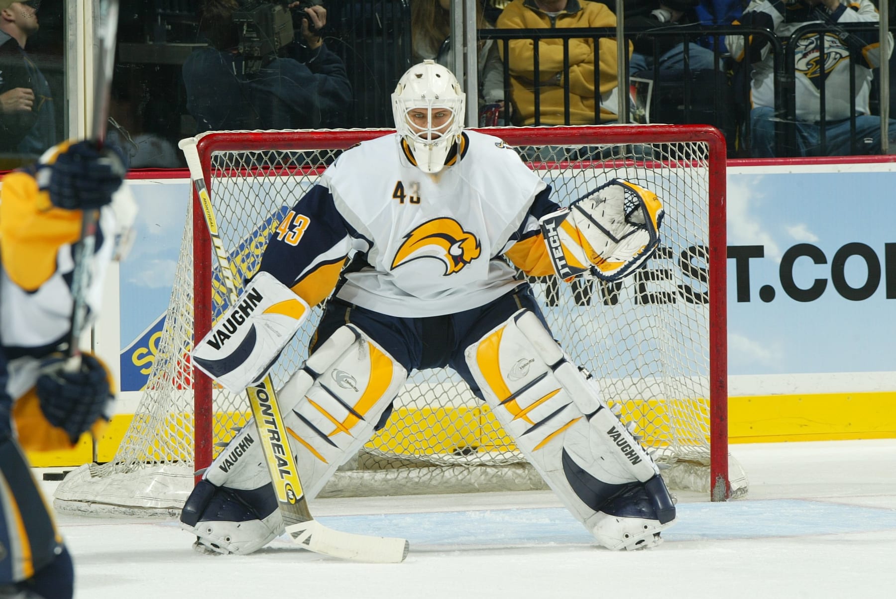 NASHVILLE, TN - DECEMBER 21: Martin Biron #43 of the Buffalo Sabres eyes the puck against the Nashville Predators at Gaylord Entertainment Center on December 21, 2006 in Nashville, Tennessee. (Photo by John A Russell/Getty Images)