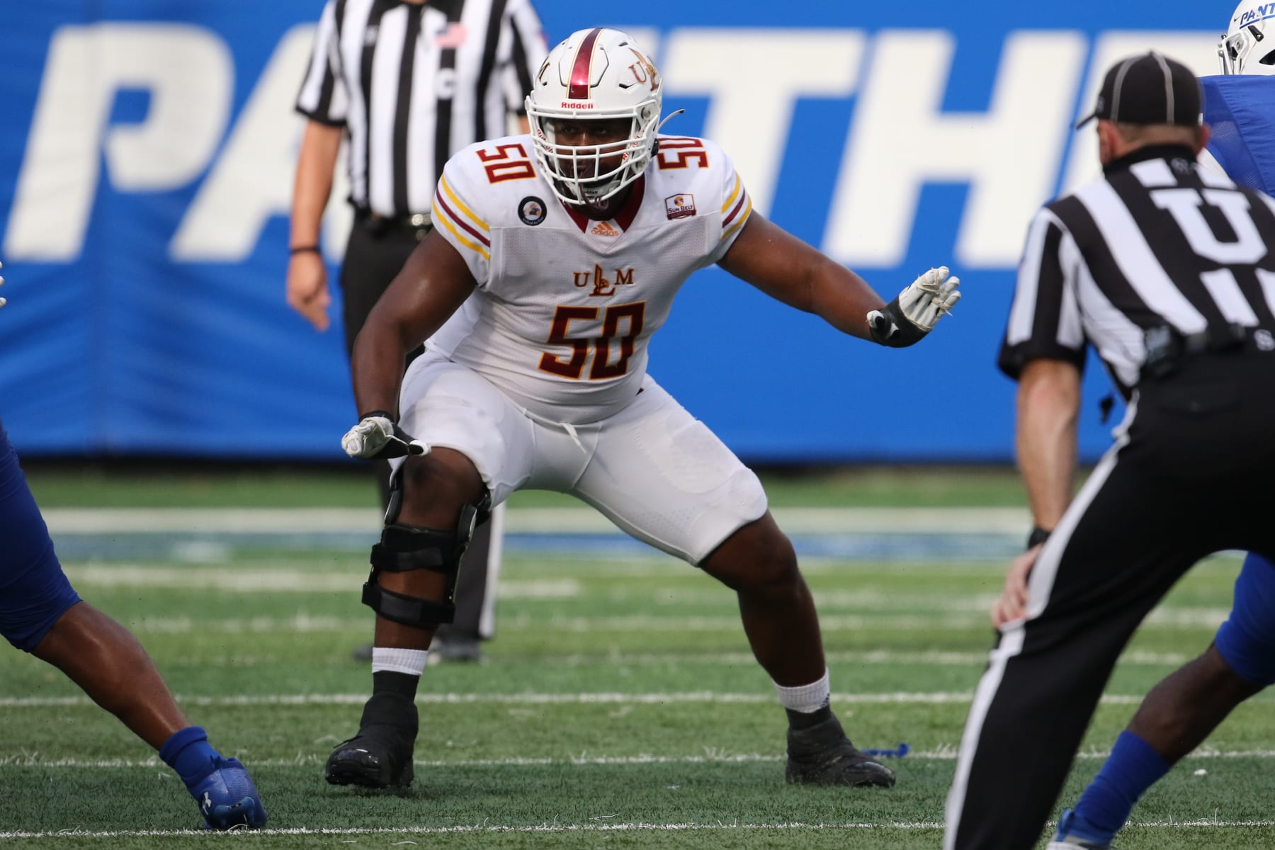 ATLANTA, GA - NOVEMBER 07: Louisiana Monroe Warhawks offensive tackle Tyler Johnson (50) during the game between the Georgia State Panthers and the Louisiana Monroe Warhawks on November 7, 2020 at Center Parc Stadium in Atlanta, Georgia.  (Photo by Michael Wade/Icon Sportswire via Getty Images)