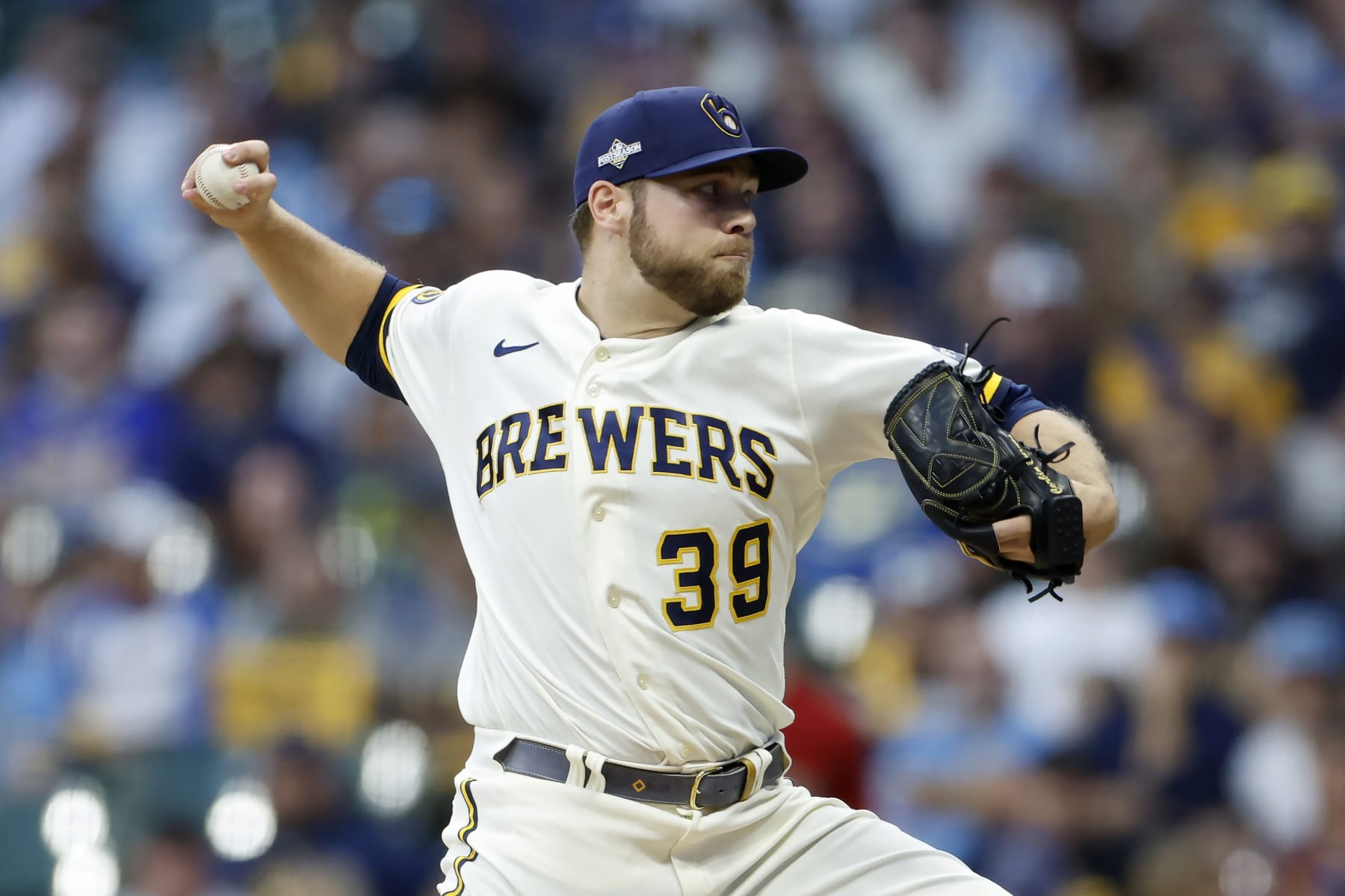 MILWAUKEE, WISCONSIN - OCTOBER 03: Corbin Burnes #39 of the Milwaukee Brewers pitches in the first inning against the Arizona Diamondbacks during Game One of the Wild Card Series at American Family Field on October 03, 2023 in Milwaukee, Wisconsin. (Photo by John Fisher/Getty Images)
